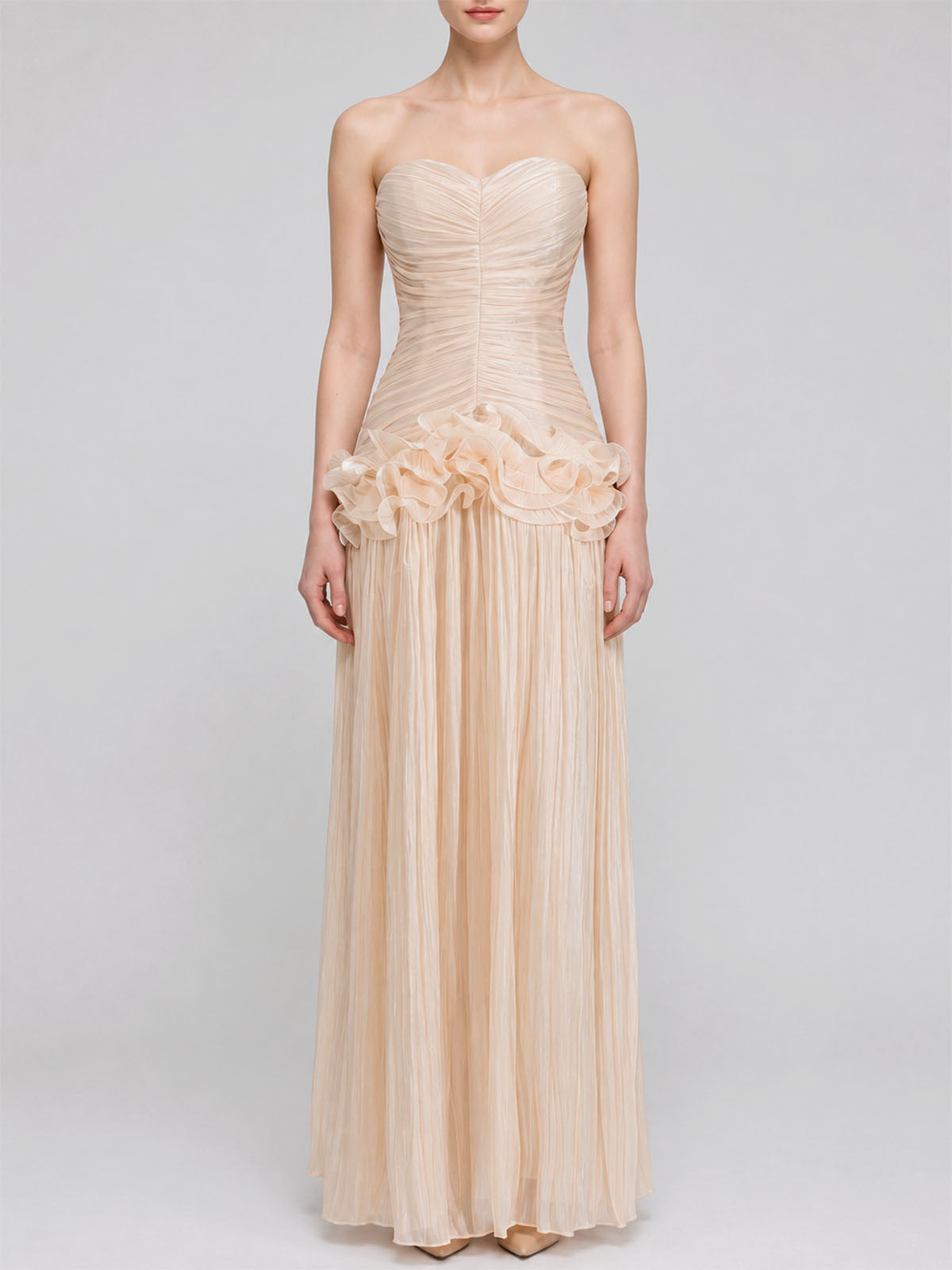 High End Strapless Ruffle Pleated Chiffon Prom Maxi Dress - Nude