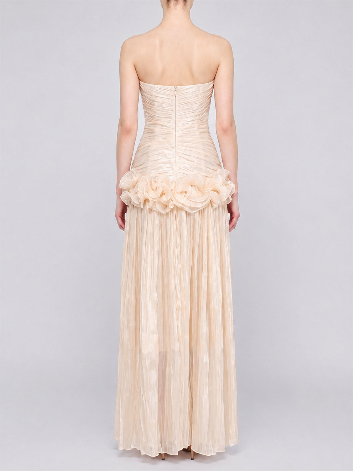 High End Strapless Ruffle Pleated Chiffon Prom Maxi Dress - Nude