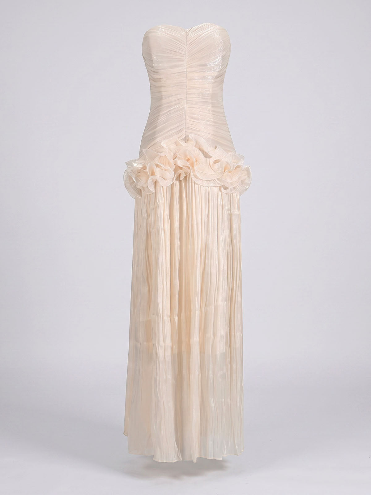 High End Strapless Ruffle Pleated Chiffon Prom Maxi Dress - Nude