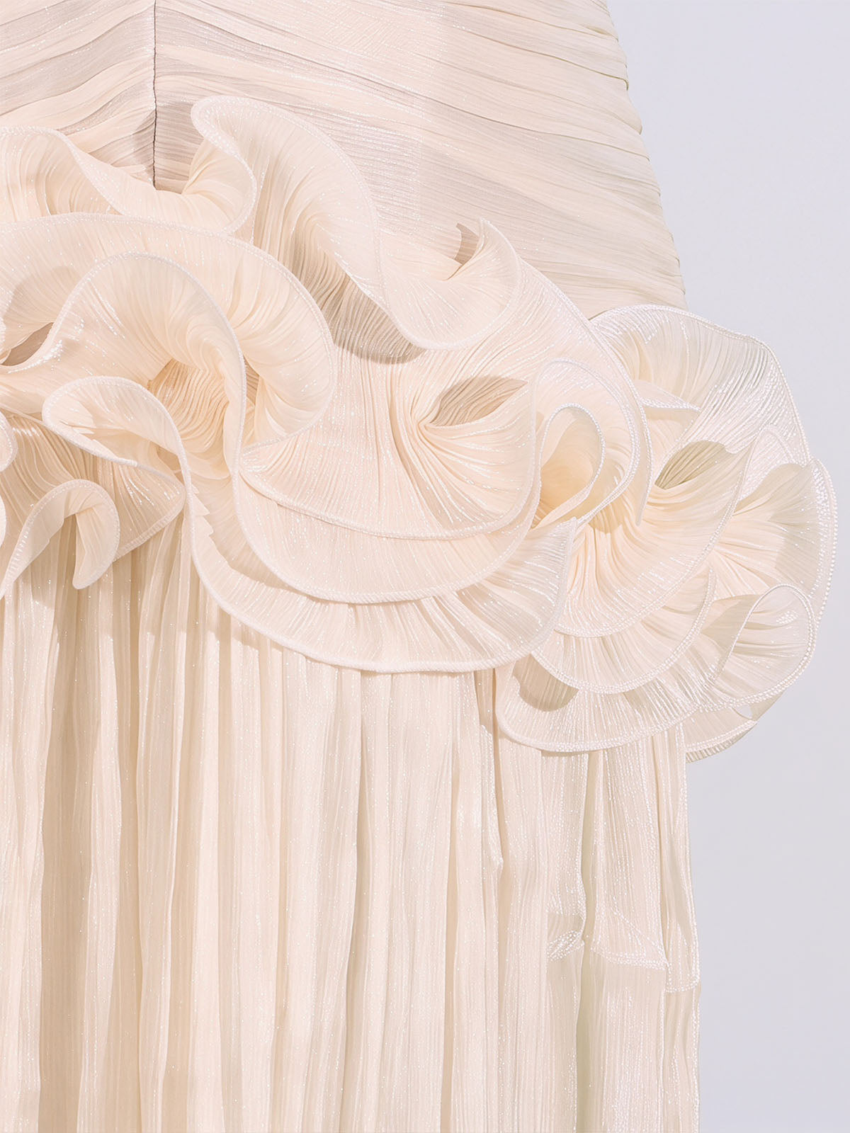 High End Strapless Ruffle Pleated Chiffon Prom Maxi Dress - Nude