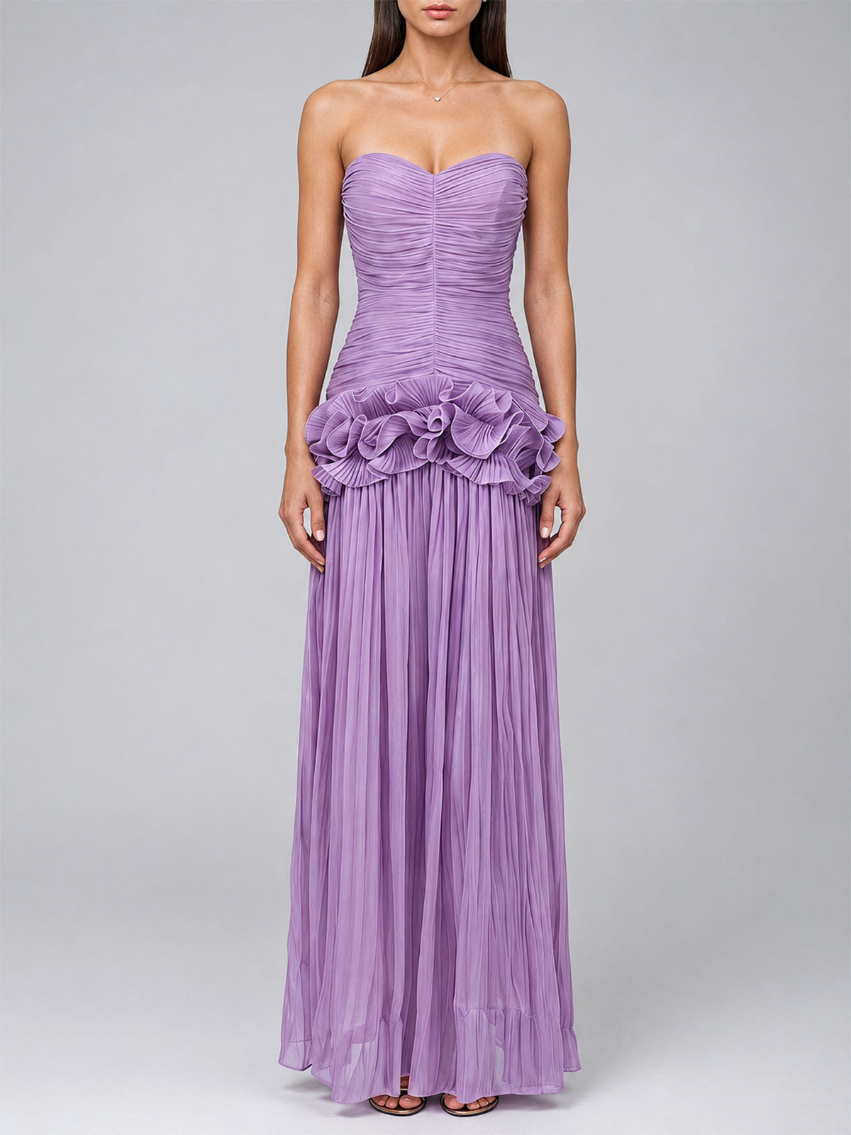 High End Strapless Ruffle Pleated Chiffon Prom Maxi Dress - Purple