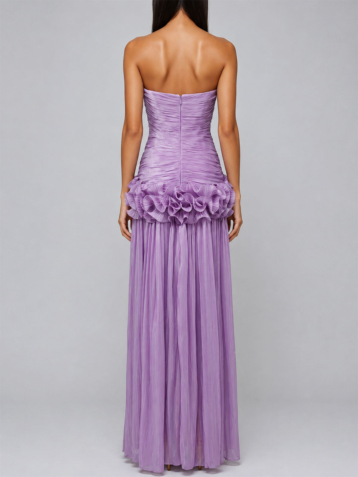 High End Strapless Ruffle Pleated Chiffon Prom Maxi Dress - Purple