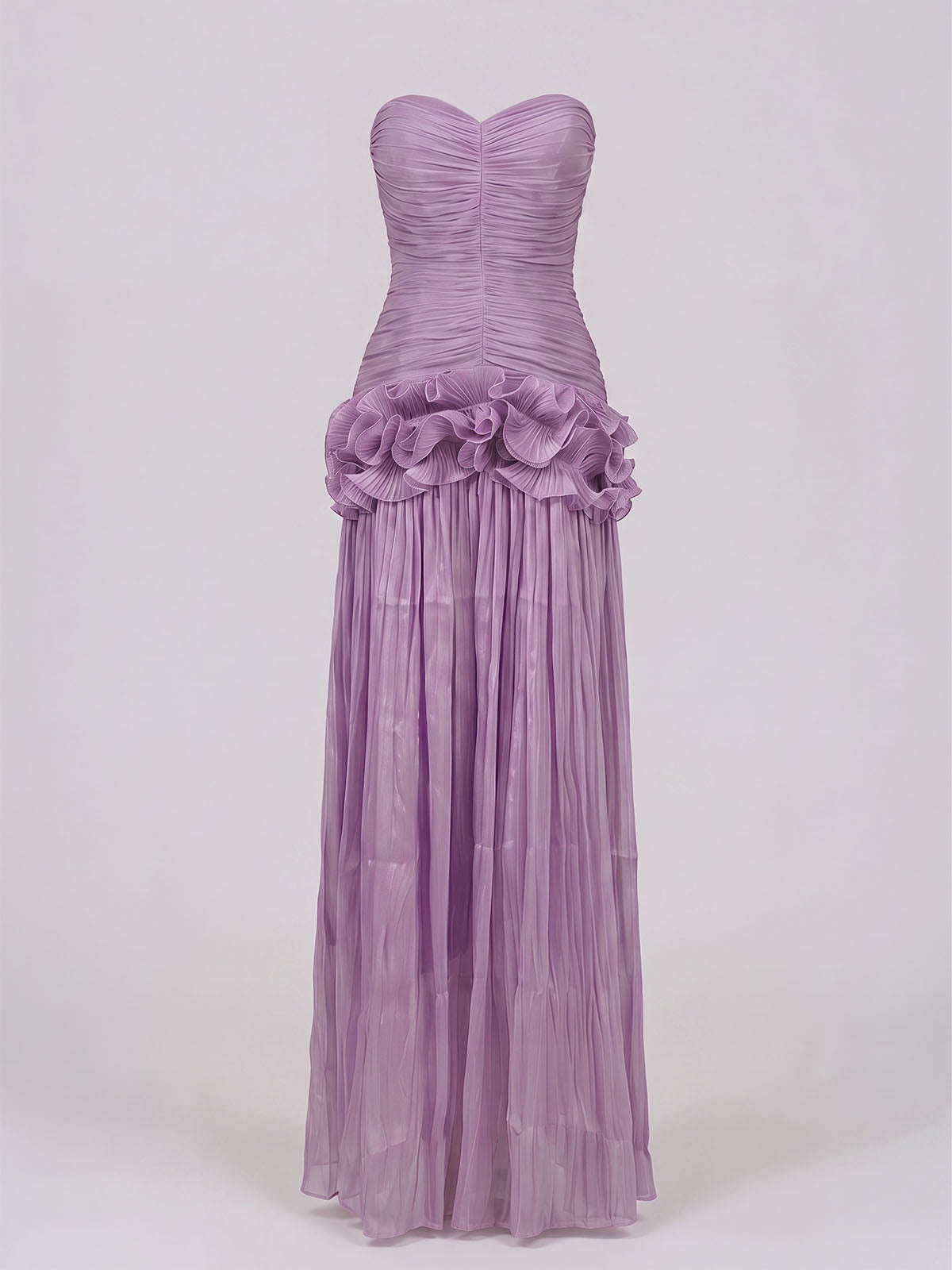 High End Strapless Ruffle Pleated Chiffon Prom Maxi Dress - Purple