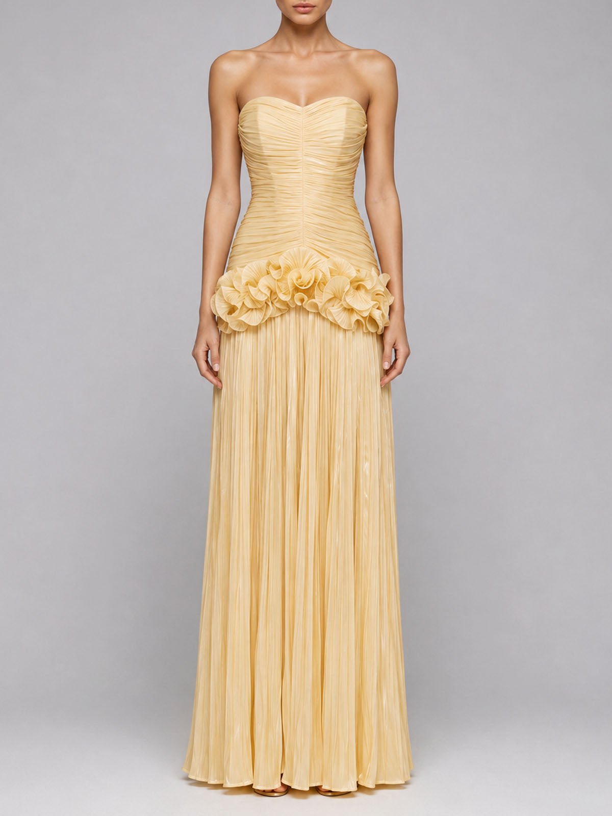 High End Strapless Ruffle Pleated Chiffon Prom Maxi Dress - Yellow