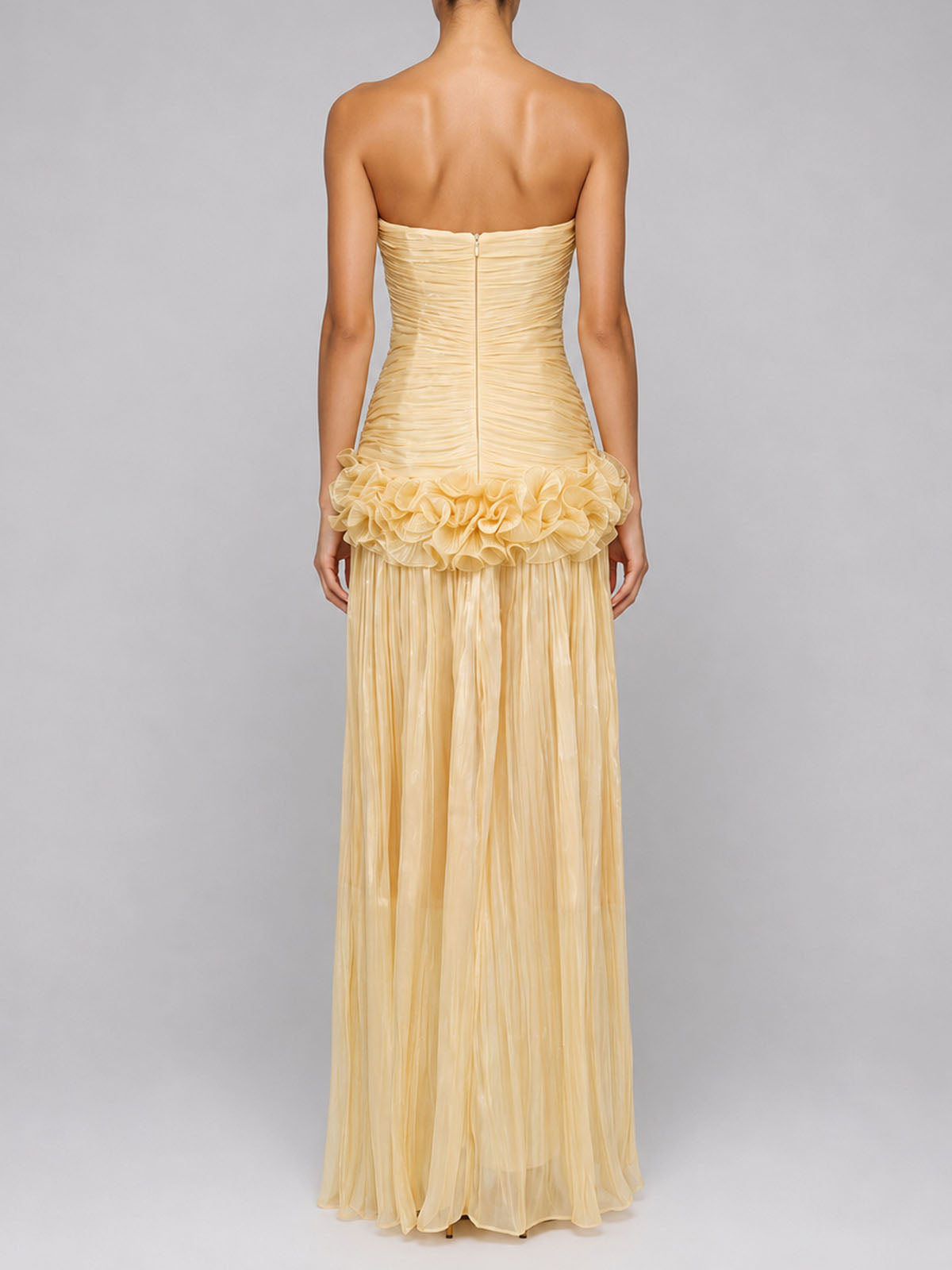 High End Strapless Ruffle Pleated Chiffon Prom Maxi Dress - Yellow