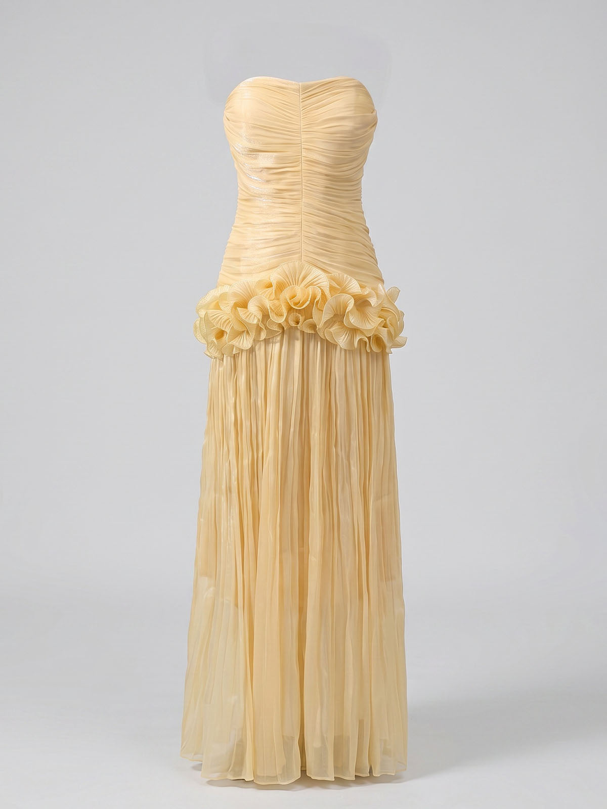 High End Strapless Ruffle Pleated Chiffon Prom Maxi Dress - Yellow