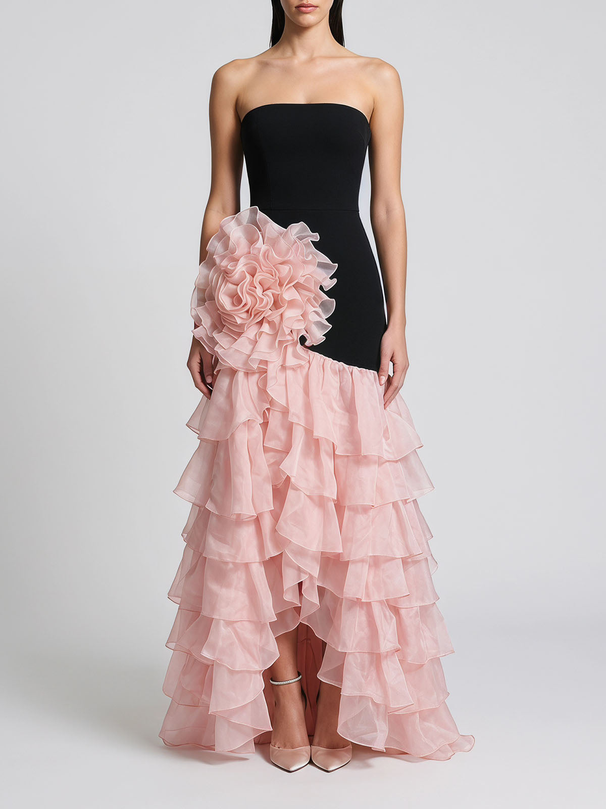 Incredible Tiered Ruffle Strapless Flower Formal Maxi Dress - Black