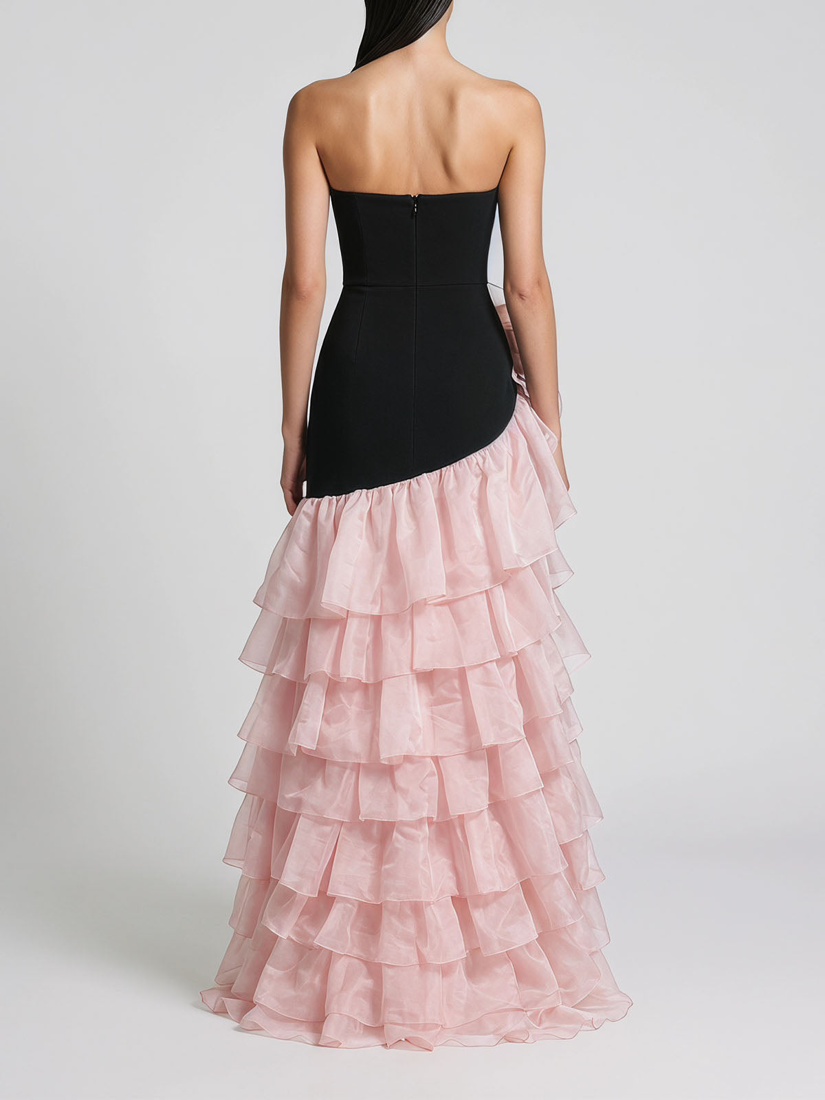 Incredible Tiered Ruffle Strapless Flower Formal Maxi Dress - Black