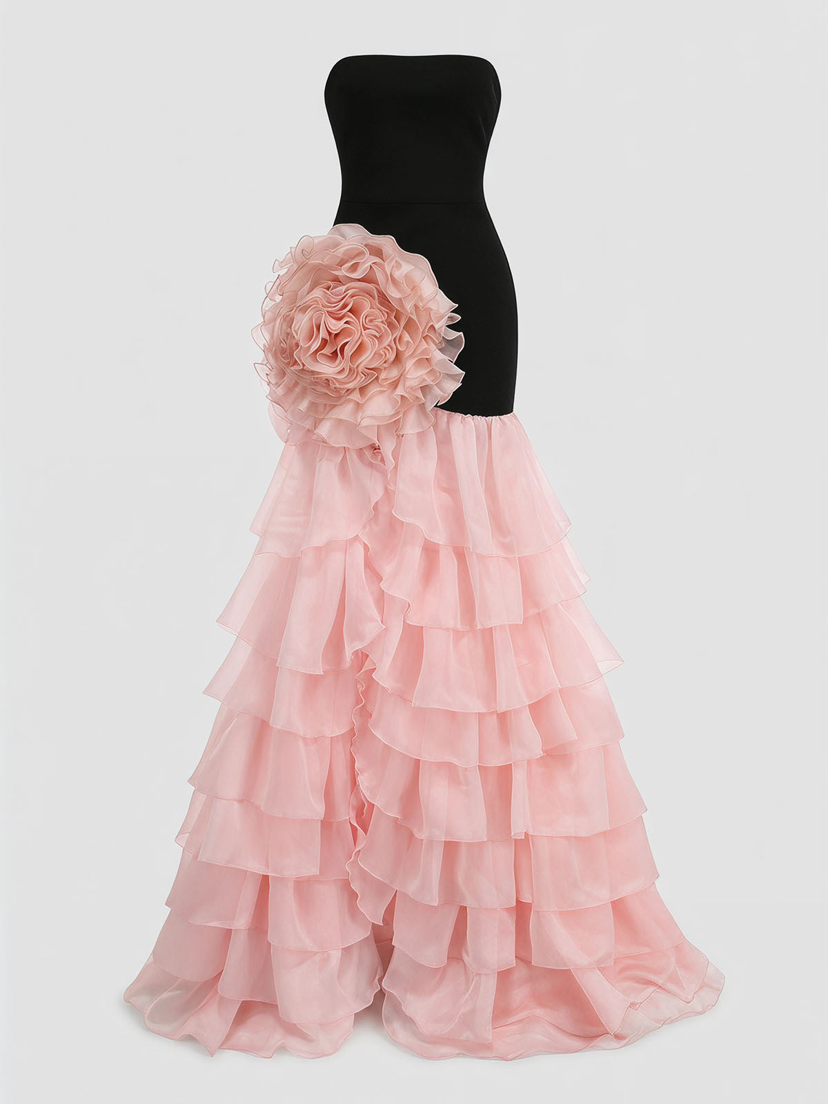 Incredible Tiered Ruffle Strapless Flower Formal Maxi Dress - Black