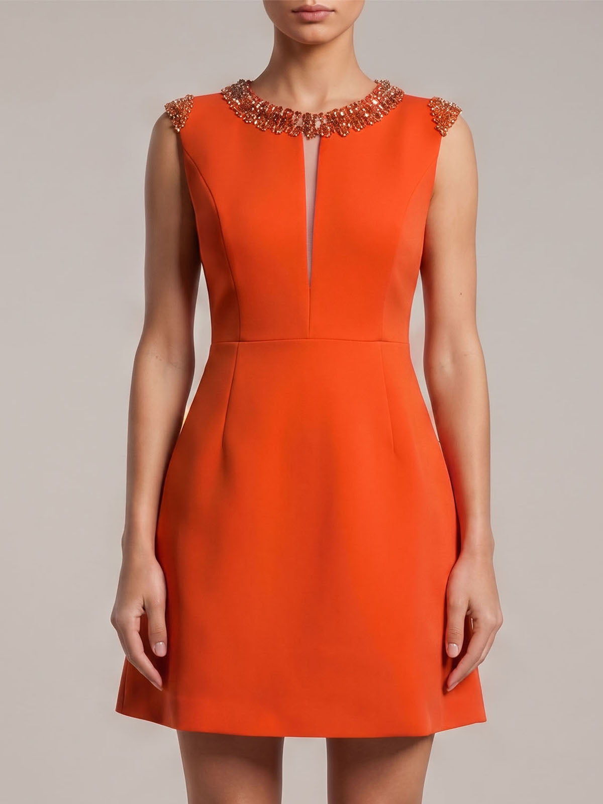 Iridescent Rhinestone Neck Sleeveless Party Mini Dress - Burnt Orange