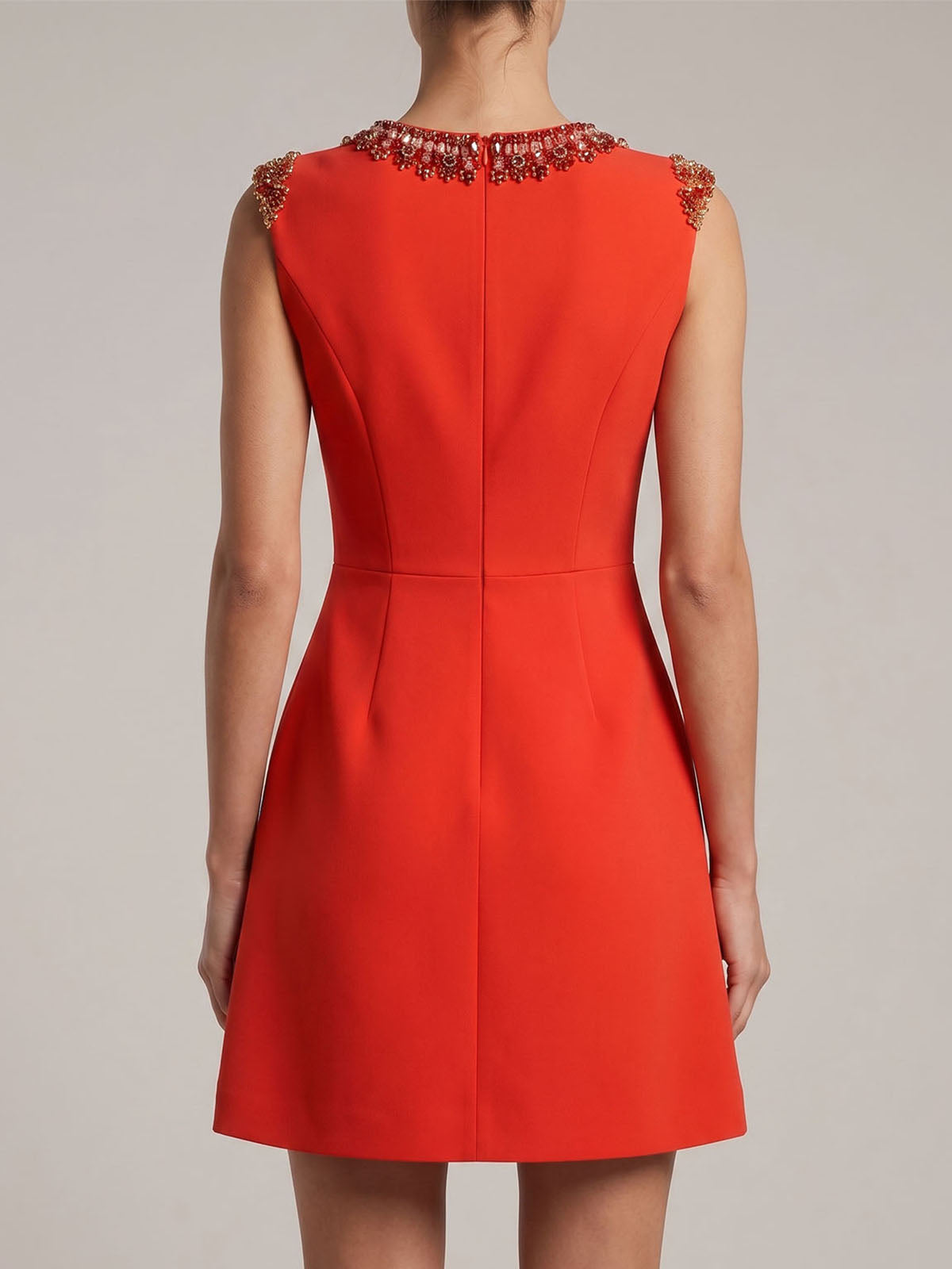 Iridescent Rhinestone Neck Sleeveless Party Mini Dress - Burnt Orange