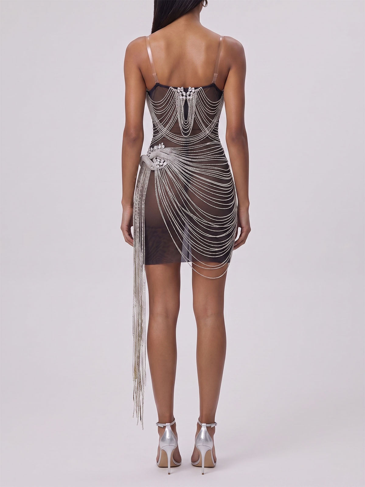Luxurious Strapless Mesh Crystal Chain Fringe Mini Dress - Black
