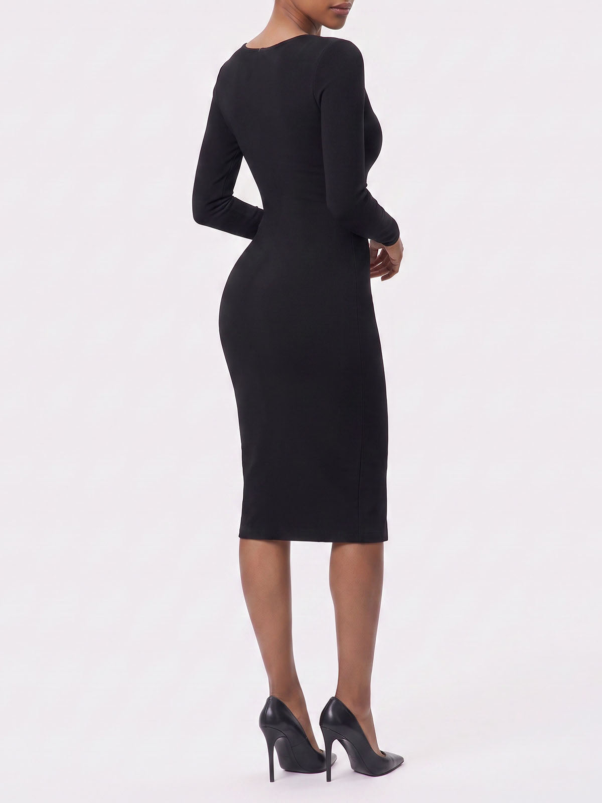 Luxury Boat Neck Long Sleeve Zip Back Bandage Midi Dress - Black