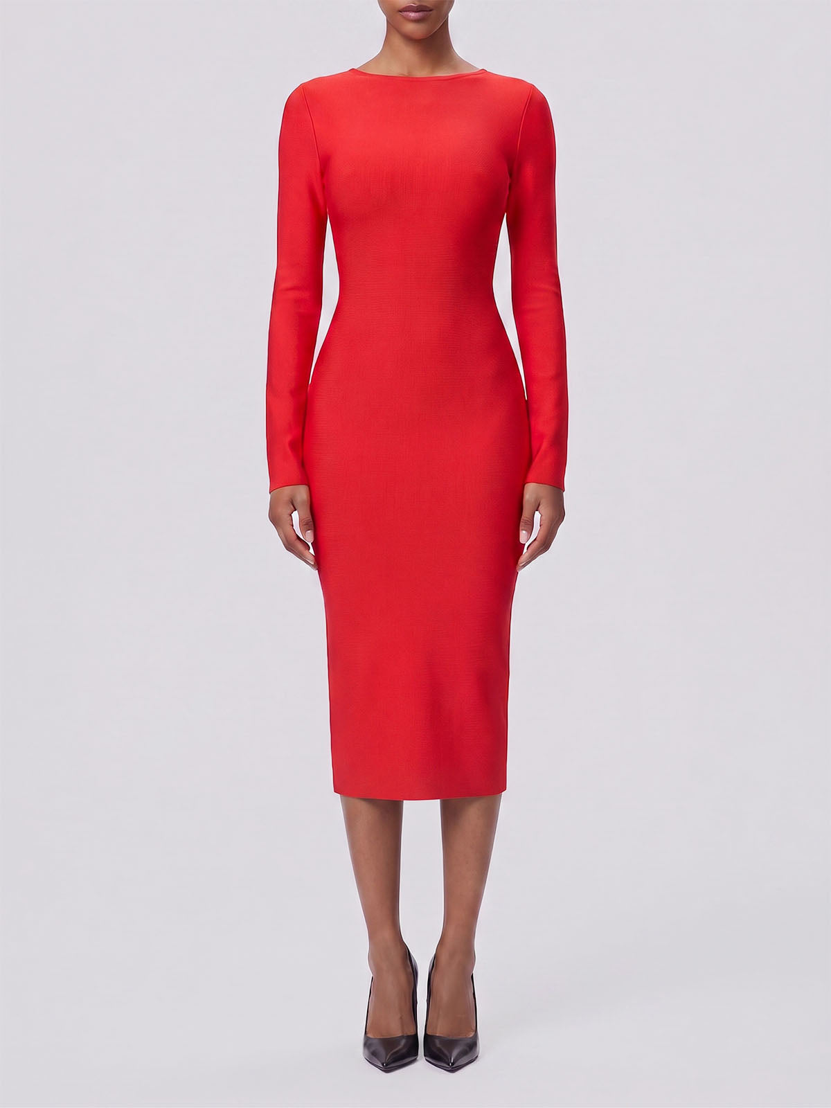 Luxury Boat Neck Long Sleeve Zip Back Bandage Midi Dress - Red