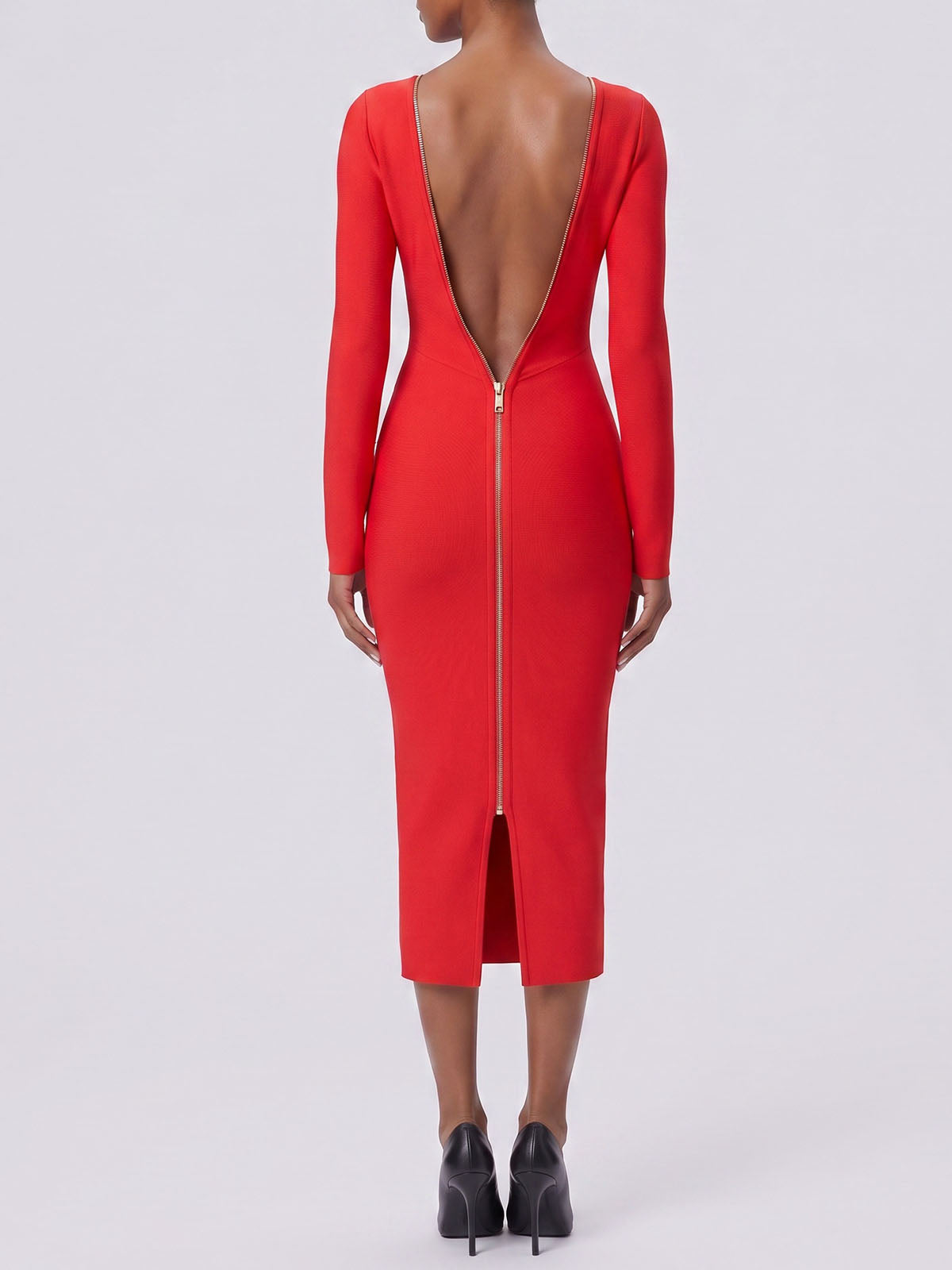 Luxury Boat Neck Long Sleeve Zip Back Bandage Midi Dress - Red