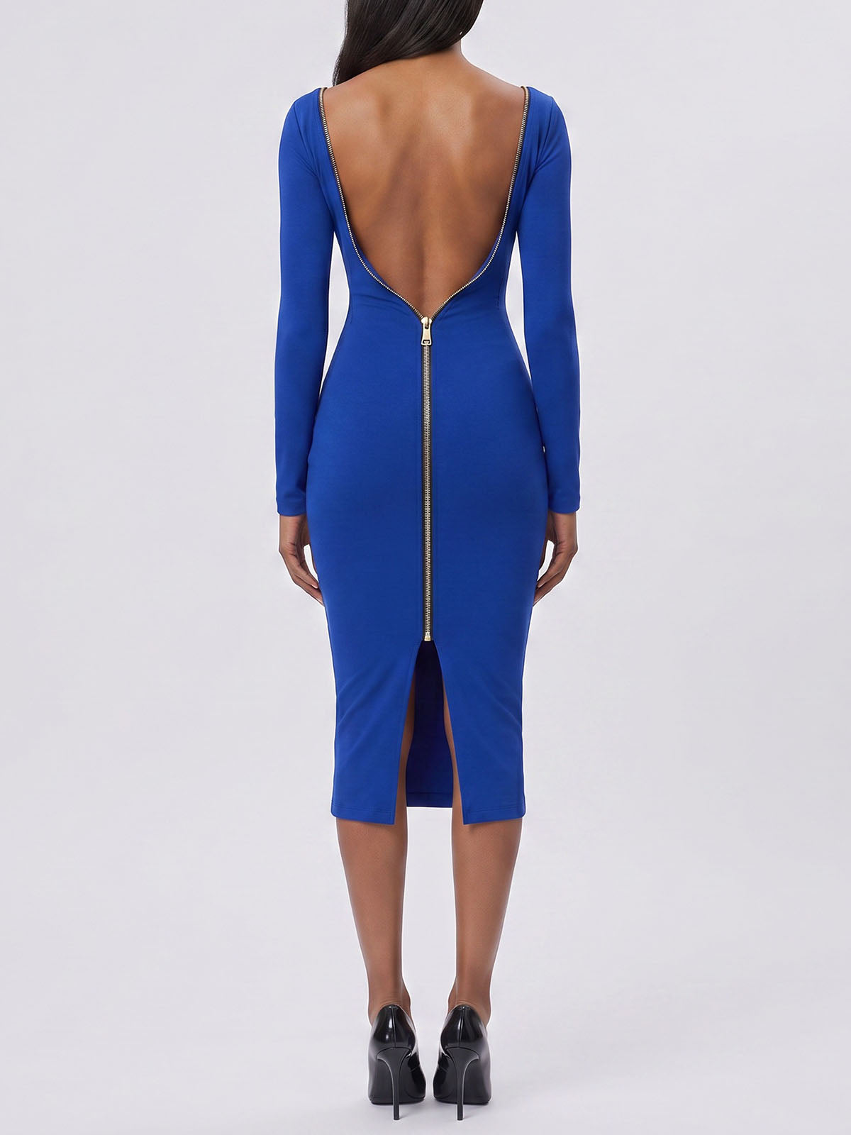 Luxury Boat Neck Long Sleeve Zip Back Bandage Midi Dress - Royal Blue