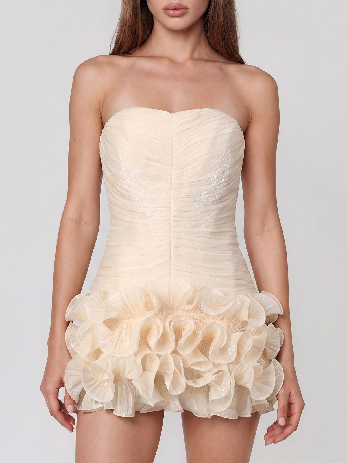 Luxury Chiffon Pleated Strapless Ruffle Homecoming Mini Dress - Nude