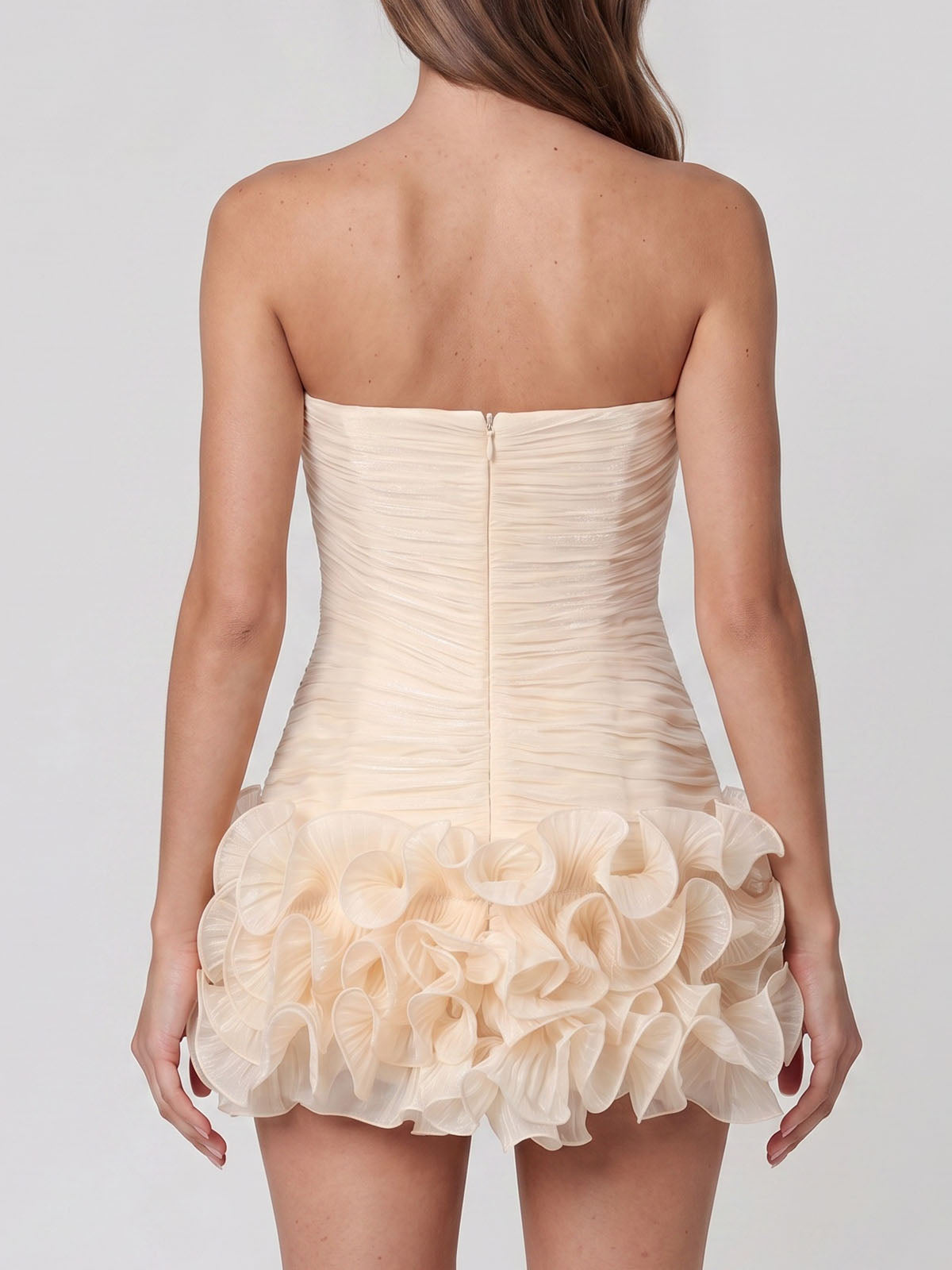 Luxury Chiffon Pleated Strapless Ruffle Homecoming Mini Dress - Nude
