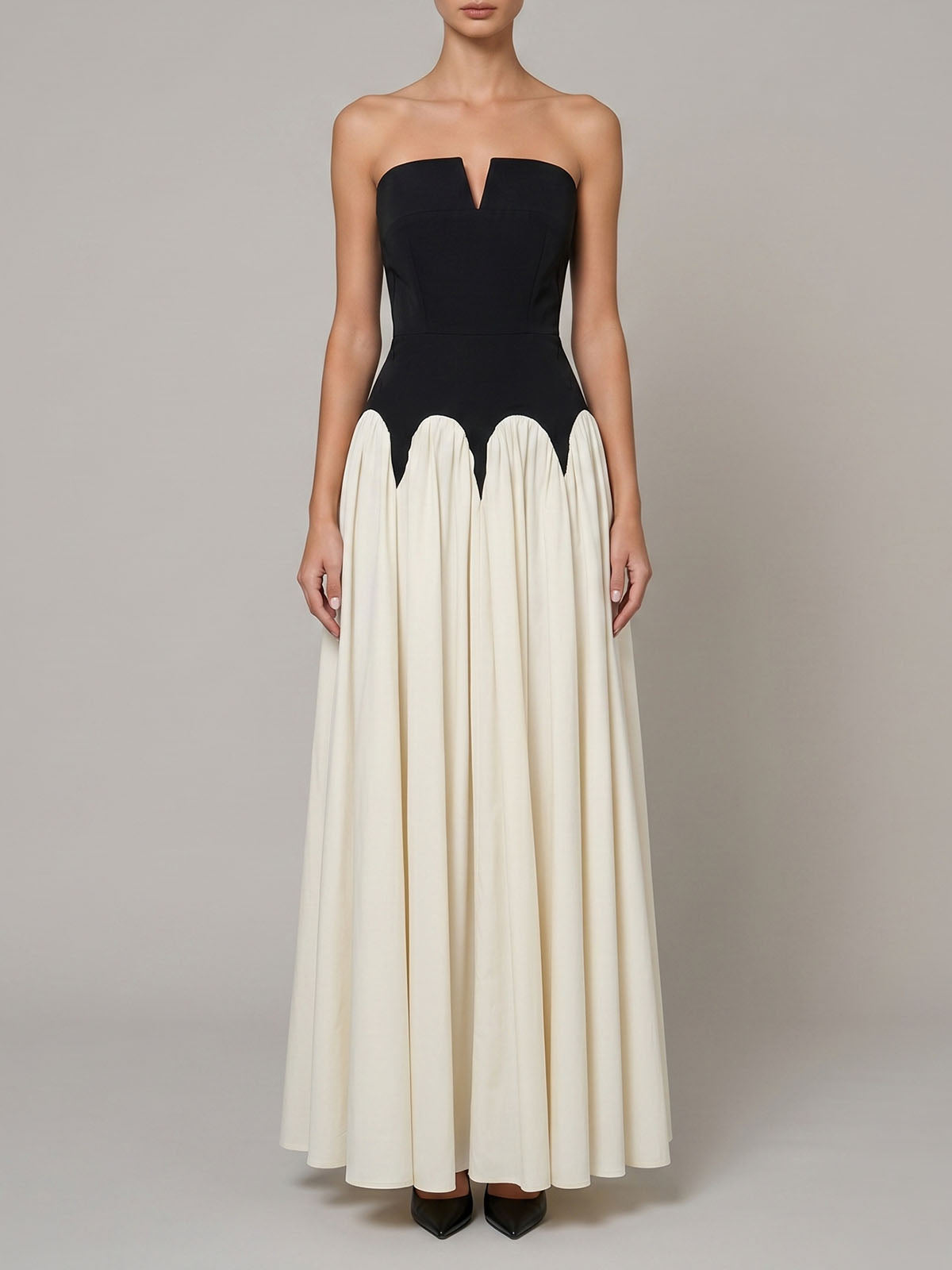 Luxury Color Block Strapless Drop Waist Formal Maxi Dress - Black
