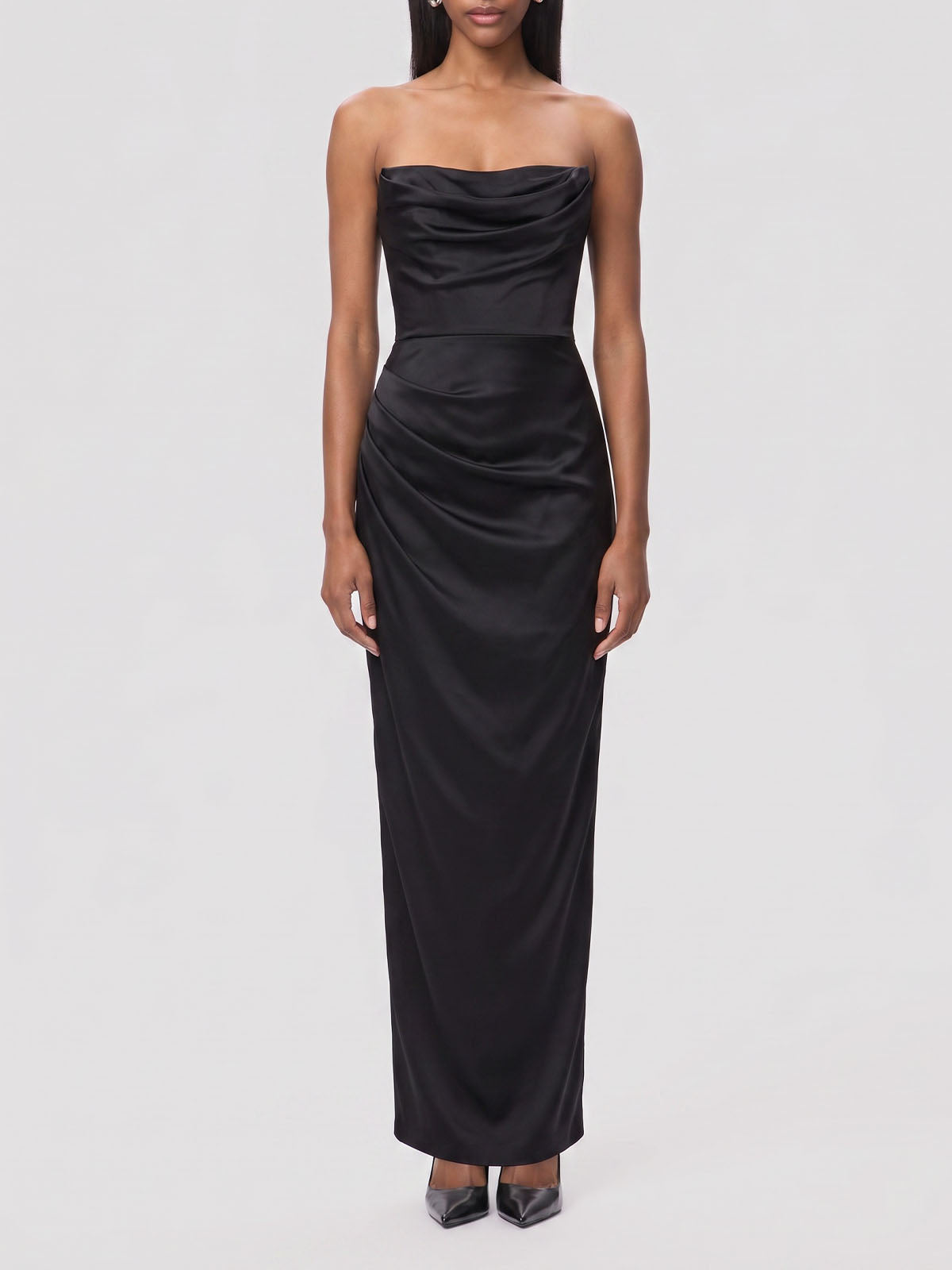 Luxury Cowl Neck Strapless Corset Satin Formal Maxi Dress - Black