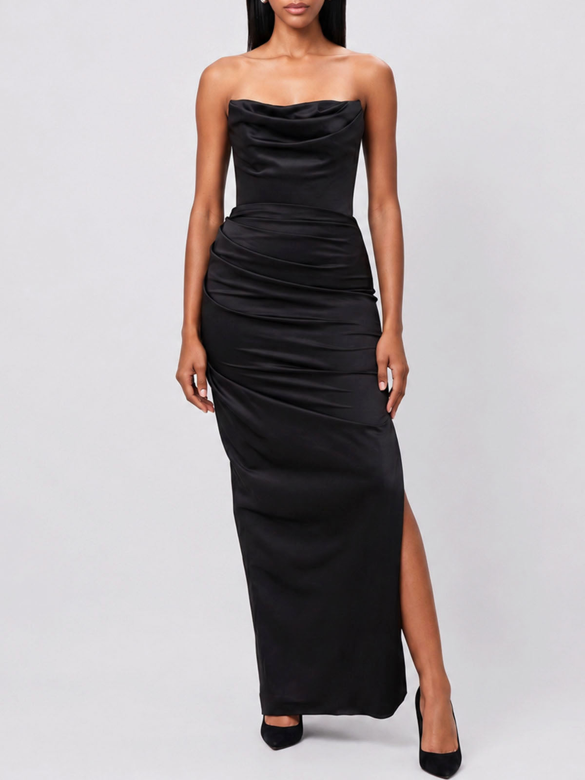 Luxury Cowl Neck Strapless Corset Satin Formal Maxi Dress - Black