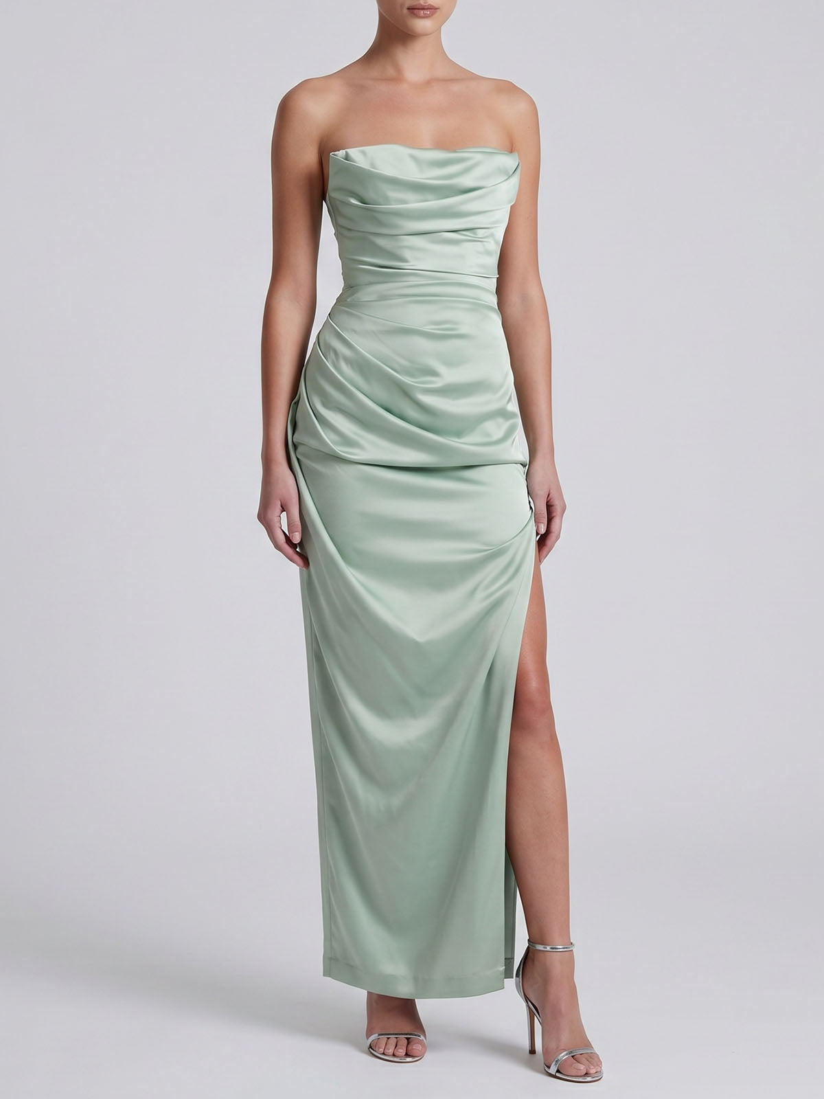 Luxury Cowl Neck Strapless Corset Satin Formal Maxi Dress - Sage Green
