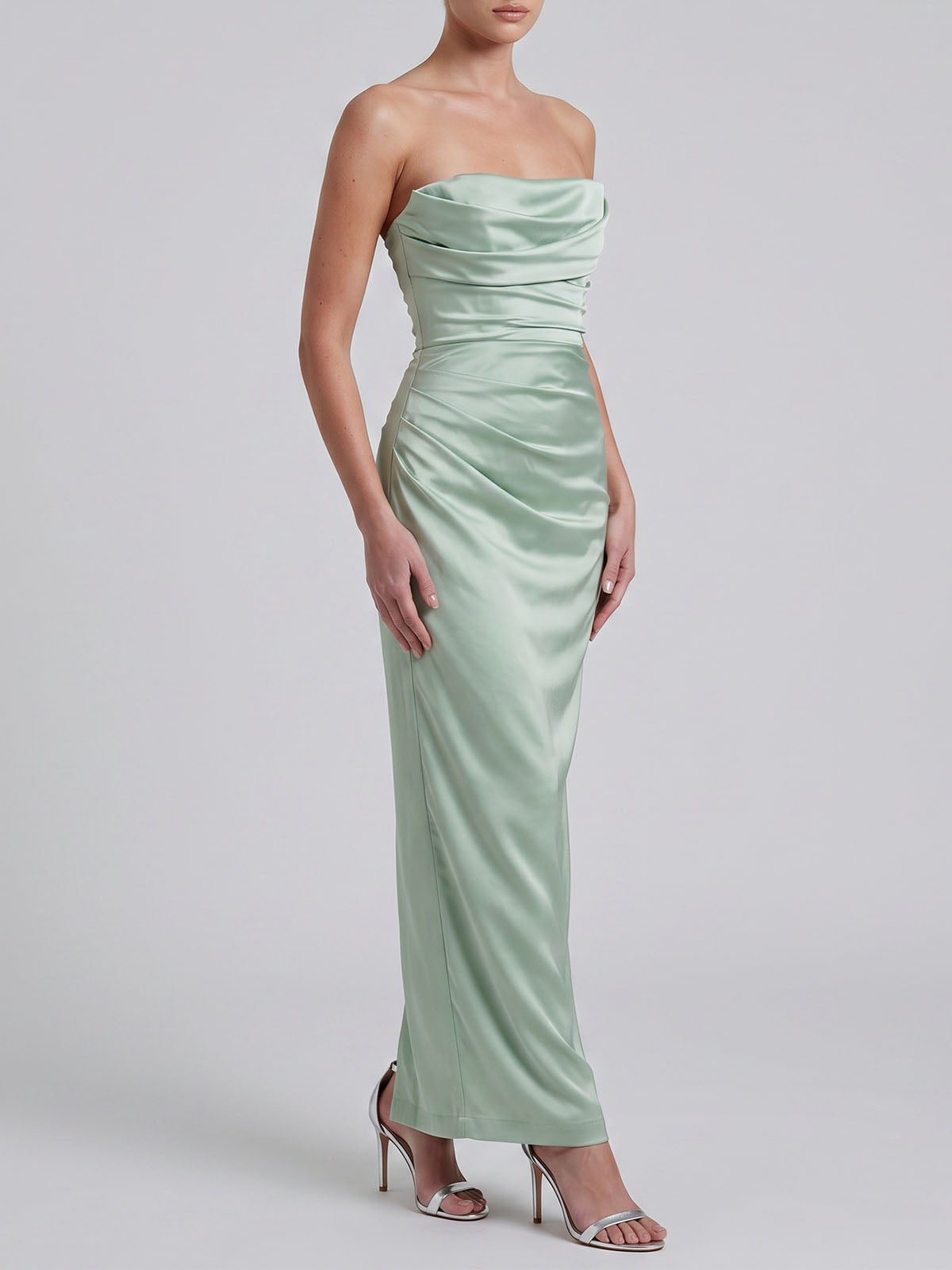 Luxury Cowl Neck Strapless Corset Satin Formal Maxi Dress - Sage Green