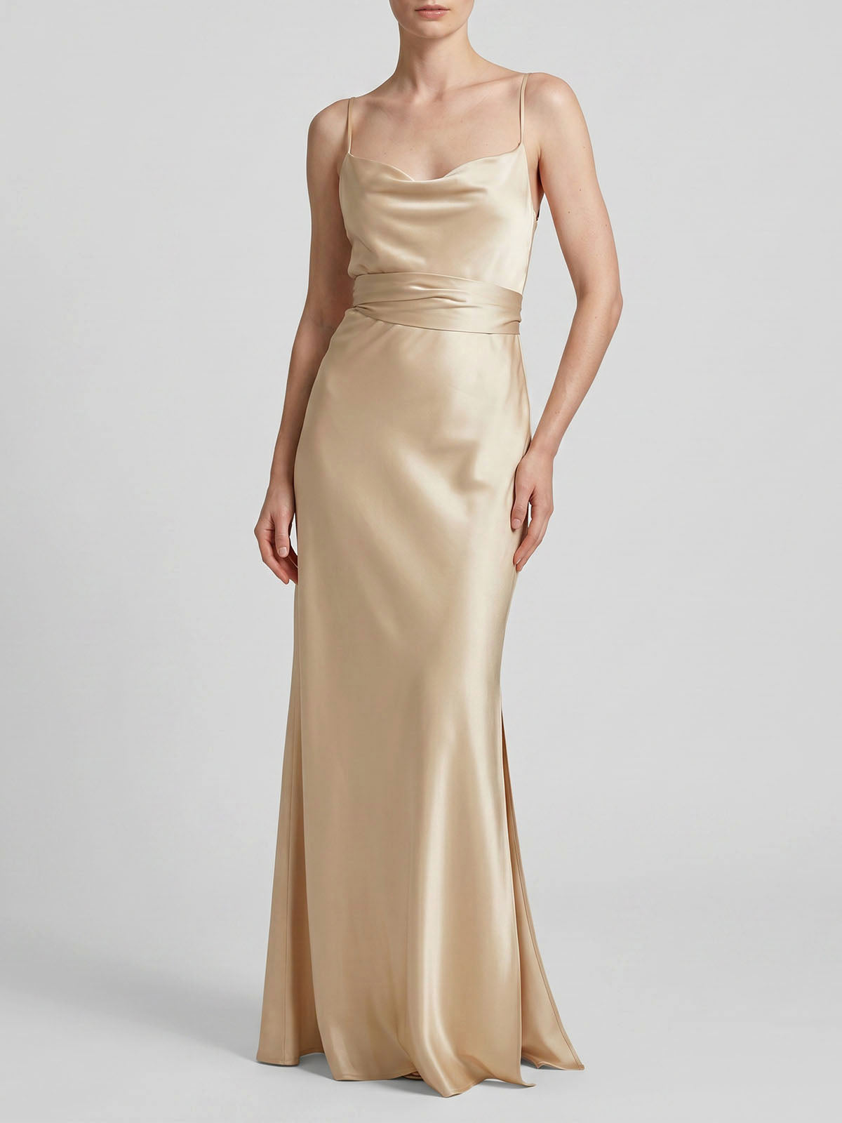 Luxury Cowl Neck Waist Tie Satin Formal Slip Maxi Dress - Champagne