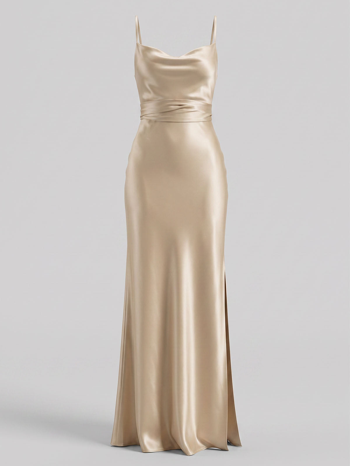 Luxury Cowl Neck Waist Tie Satin Formal Slip Maxi Dress - Champagne