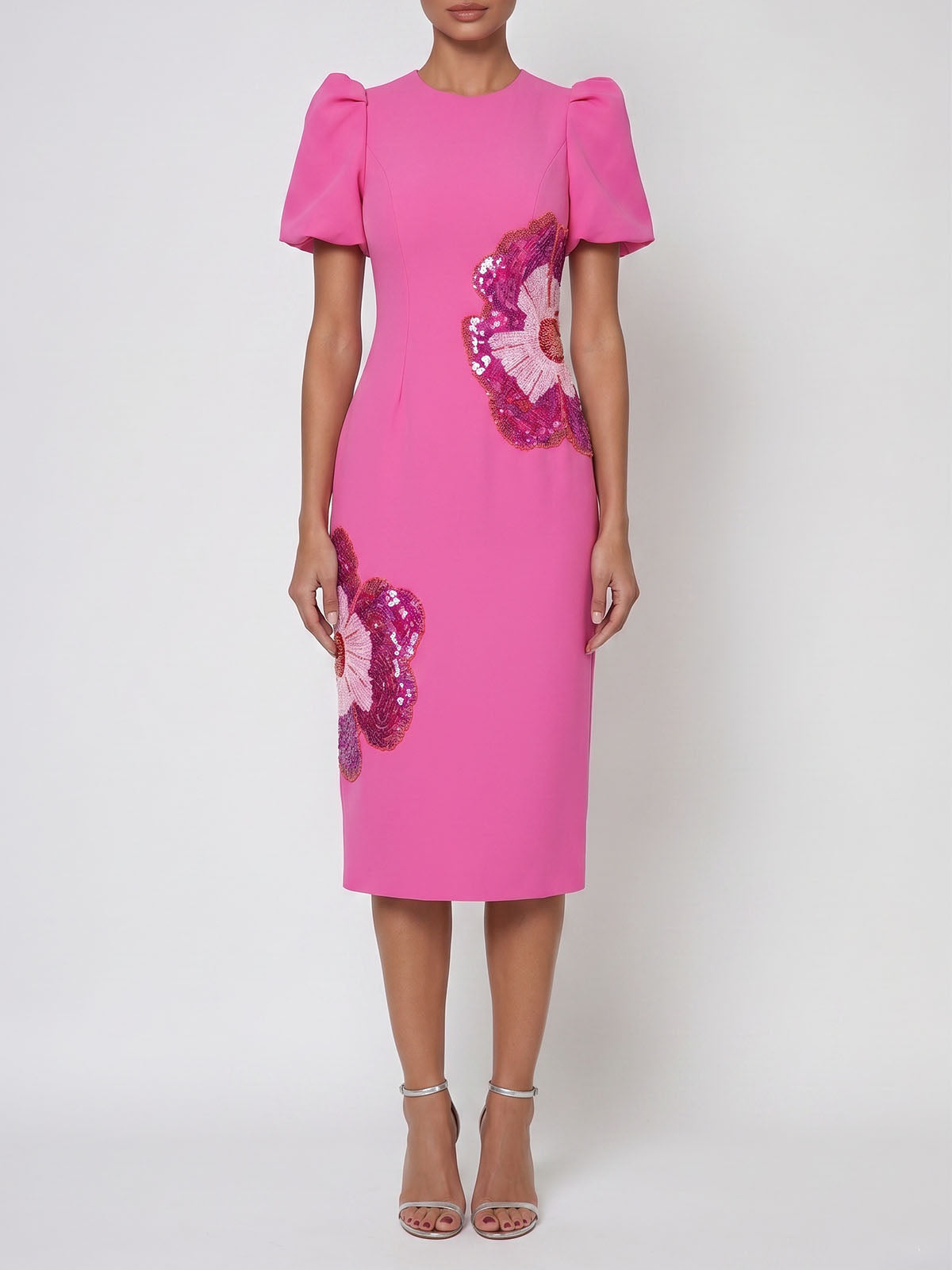 Luxury Floral Embellished Puff Sleeve Cocktail Midi Dress - Hot Pink