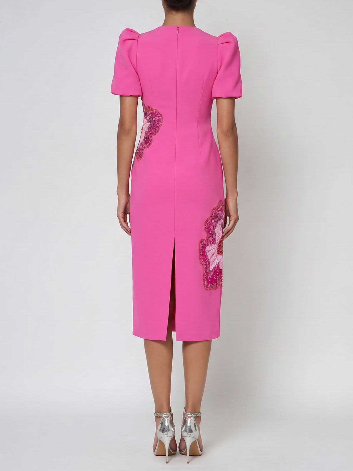 Luxury Floral Embellished Puff Sleeve Cocktail Midi Dress - Hot Pink