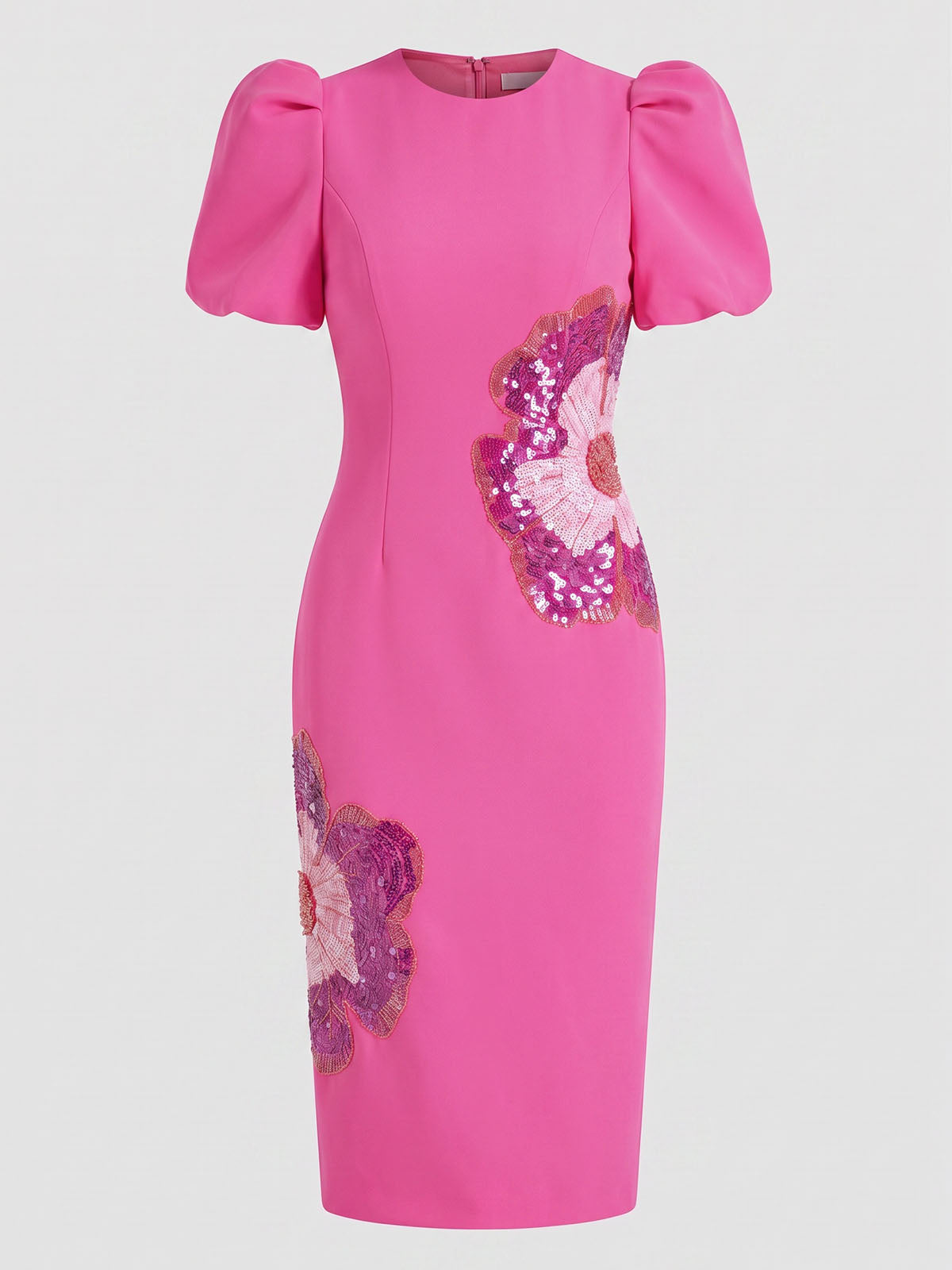 Luxury Floral Embellished Puff Sleeve Cocktail Midi Dress - Hot Pink
