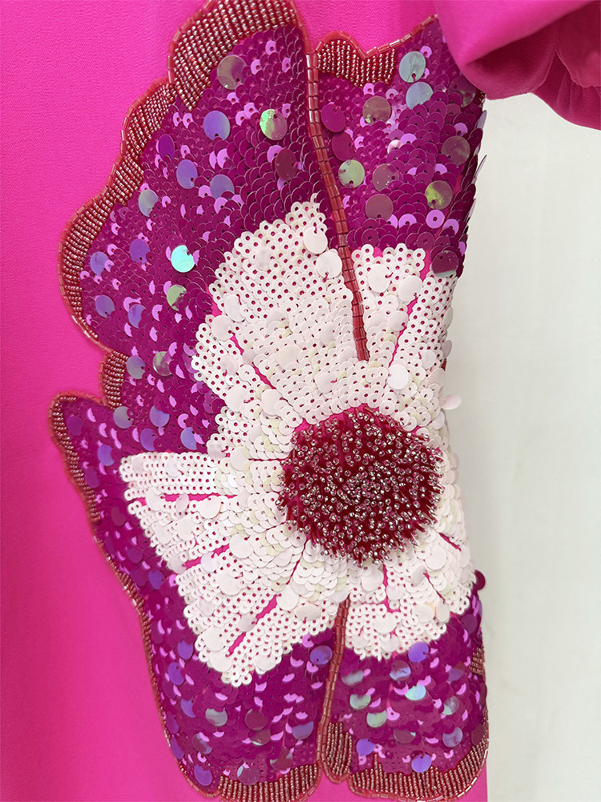 Luxury Floral Embellished Puff Sleeve Cocktail Midi Dress - Hot Pink