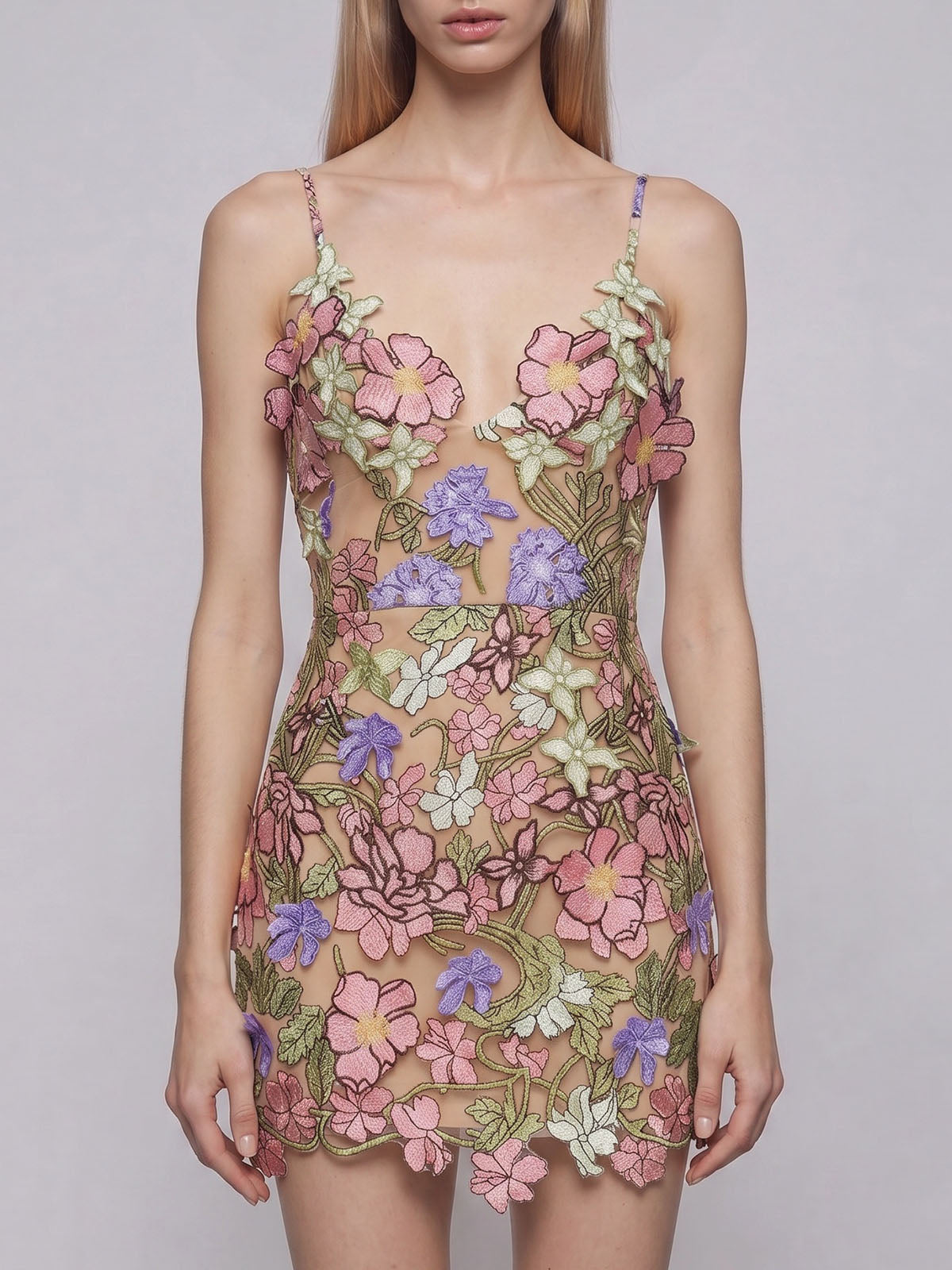 Luxury Floral Embroidered Mesh Lace Up Party Mini Dress - Multicolor