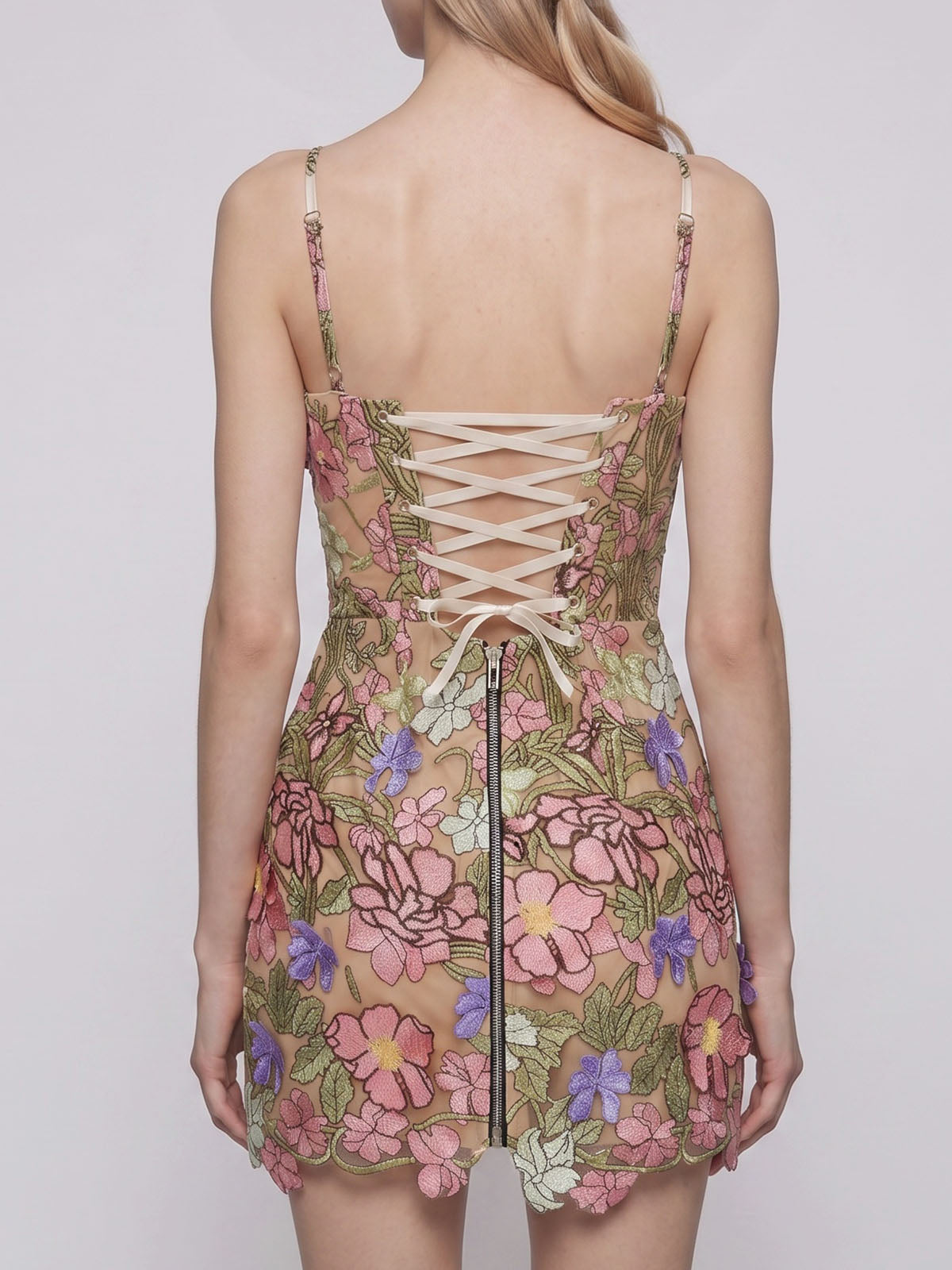 Luxury Floral Embroidered Mesh Lace Up Party Mini Dress - Multicolor