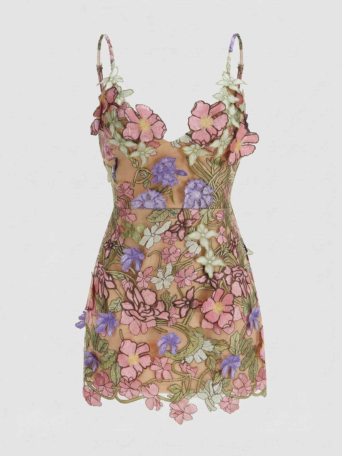 Luxury Floral Embroidered Mesh Lace Up Party Mini Dress - Multicolor