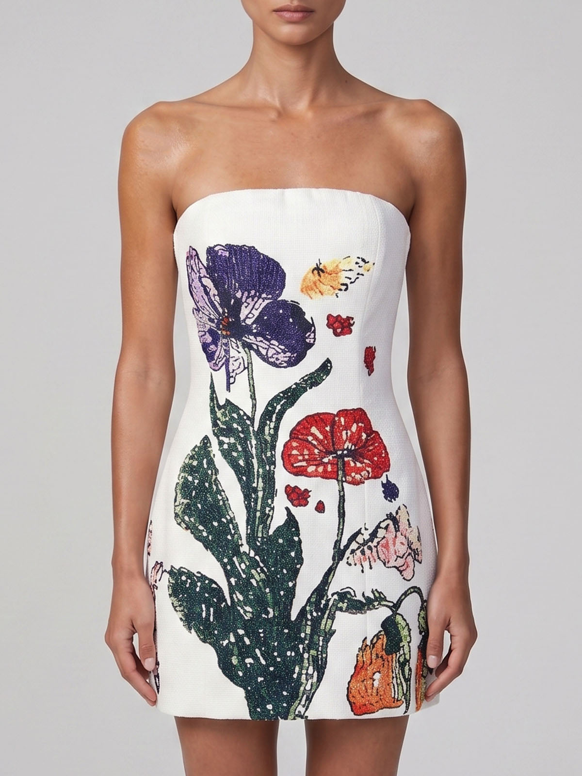 Luxury Floral Print Textured A Line Strapless Party Mini Dress - White