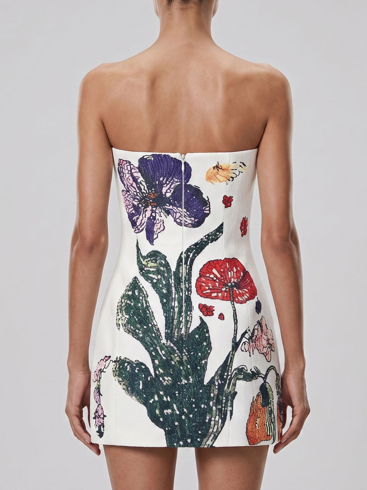 Luxury Floral Print Textured A Line Strapless Party Mini Dress - White