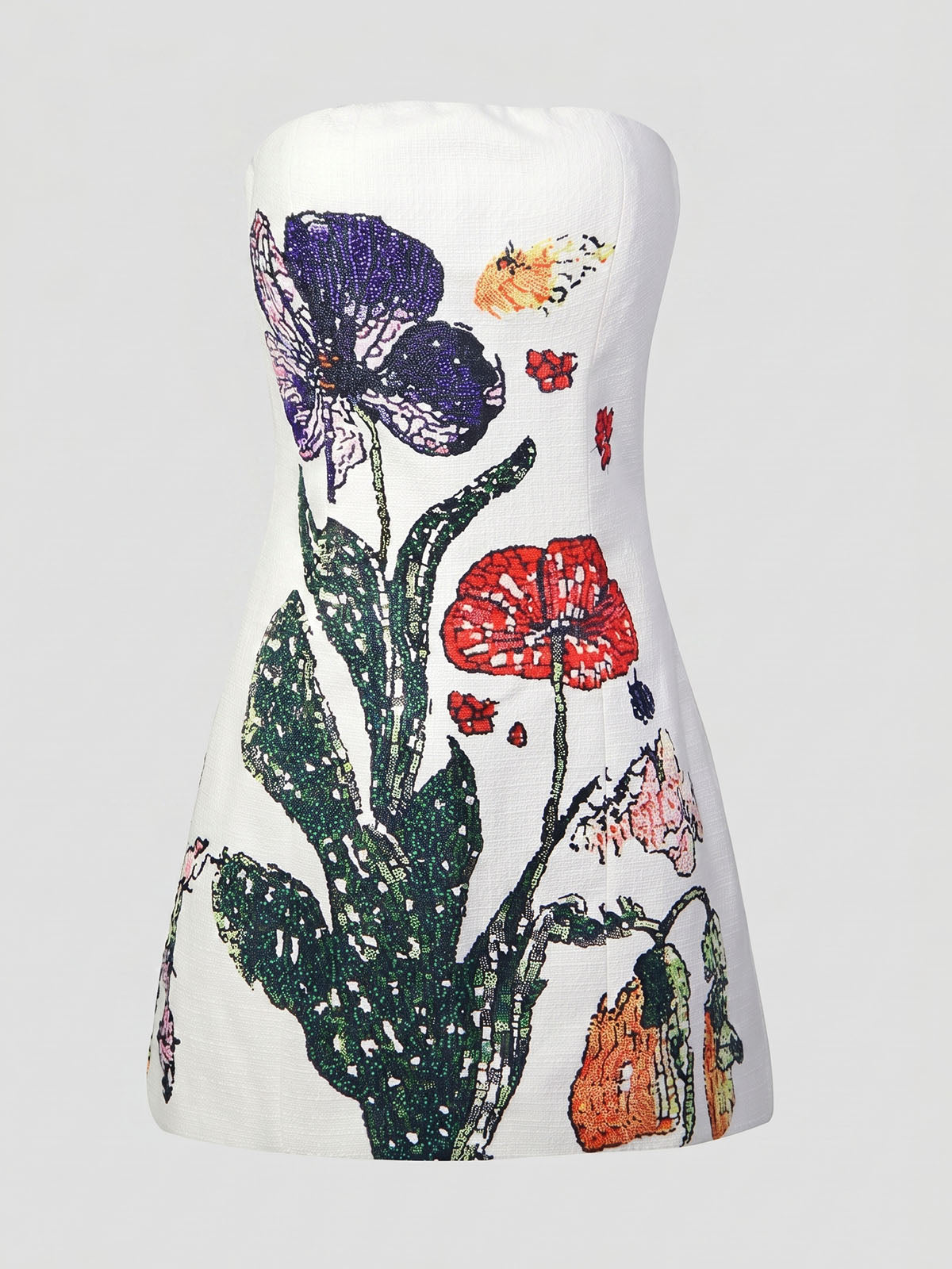 Luxury Floral Print Textured A Line Strapless Party Mini Dress - White