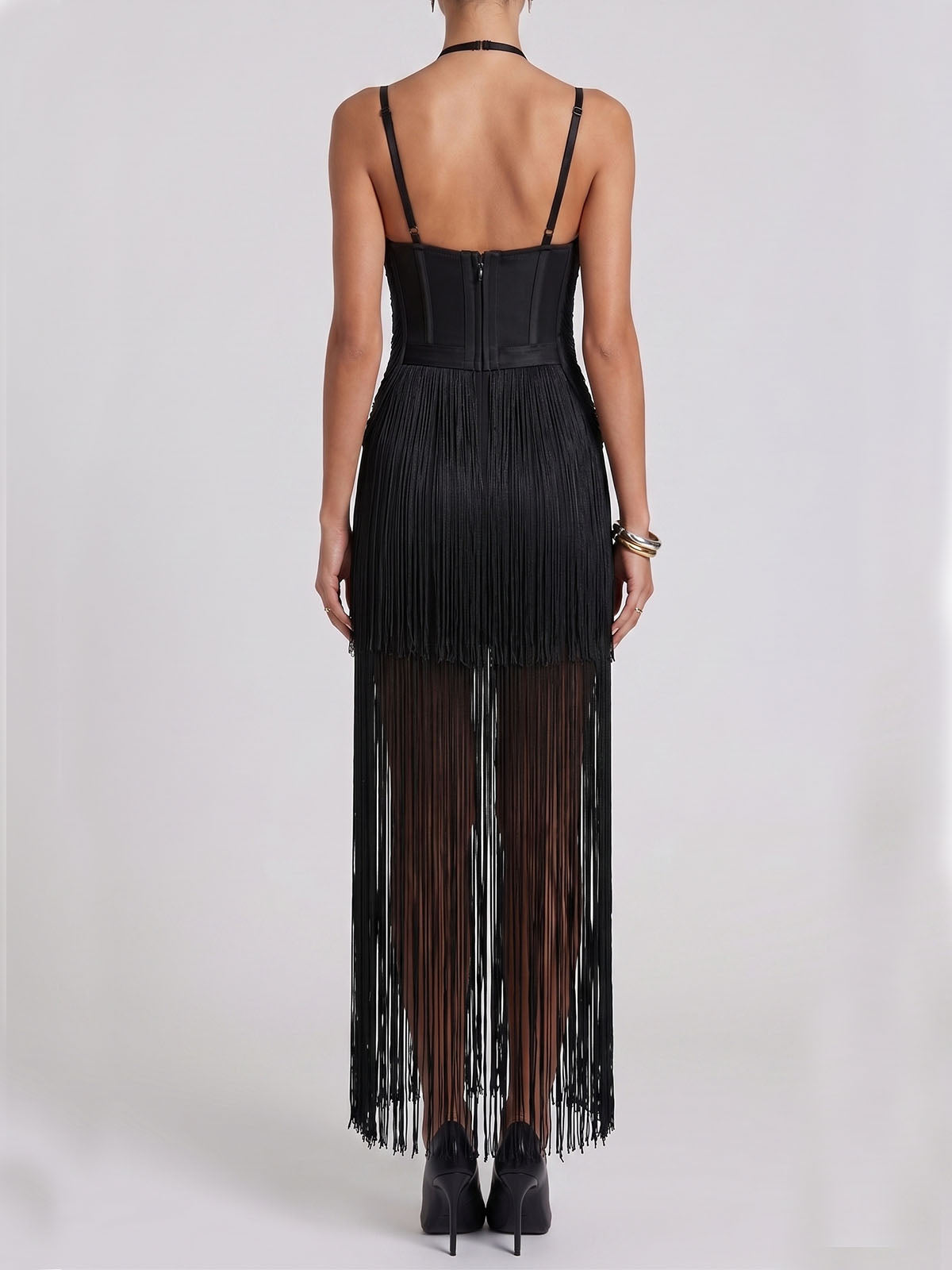 Luxury Halter Fringe Semi Formal Cocktail Maxi Dress - Black