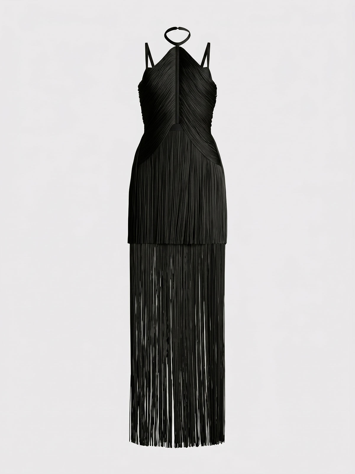 Luxury Halter Fringe Semi Formal Cocktail Maxi Dress - Black