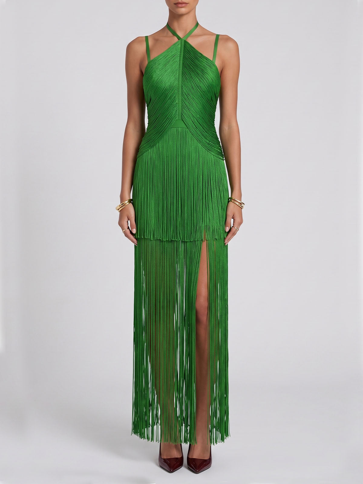 Luxury Halter Fringe Semi Formal Cocktail Maxi Dress - Emerald Green