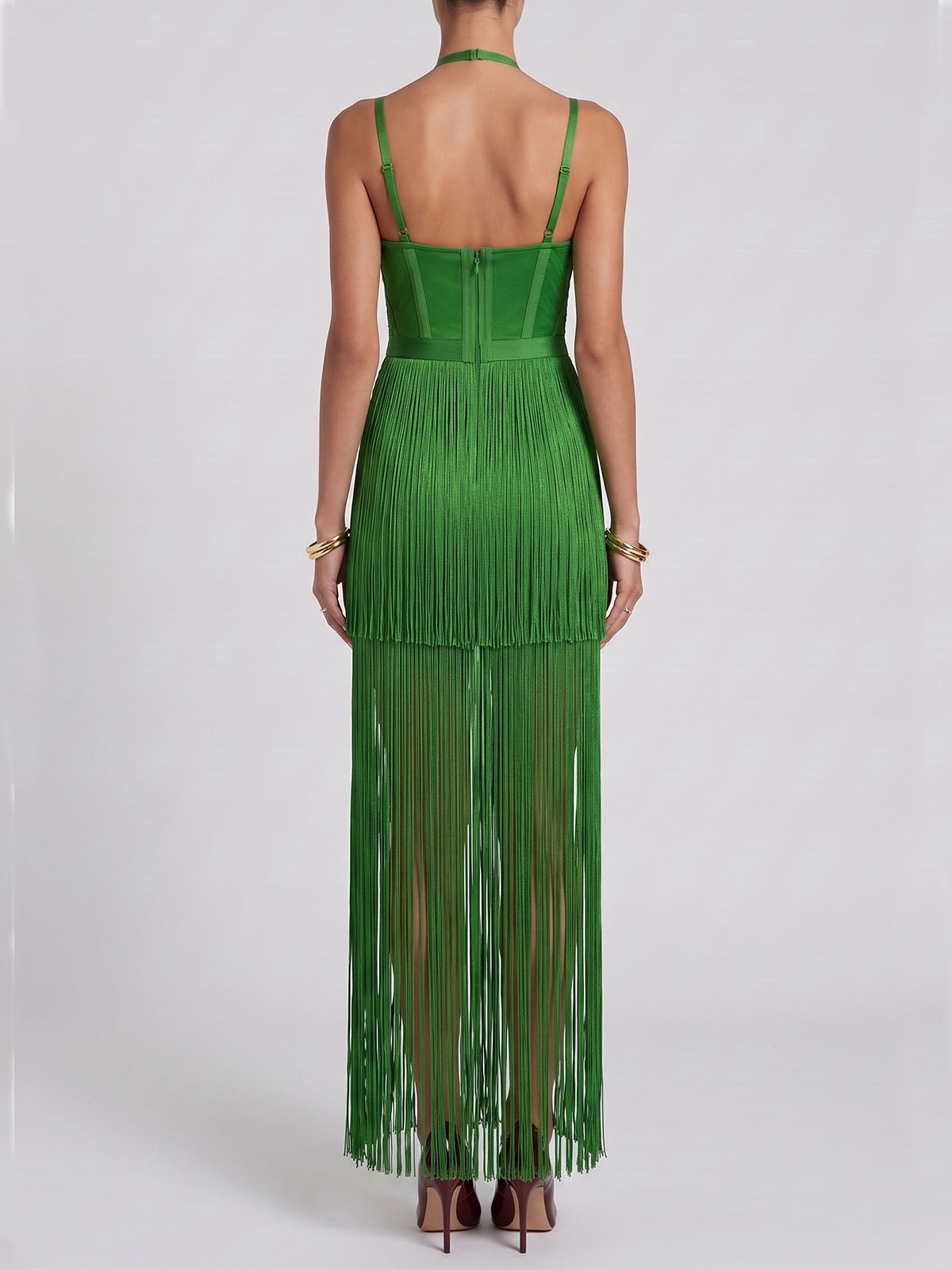 Luxury Halter Fringe Semi Formal Cocktail Maxi Dress - Emerald Green