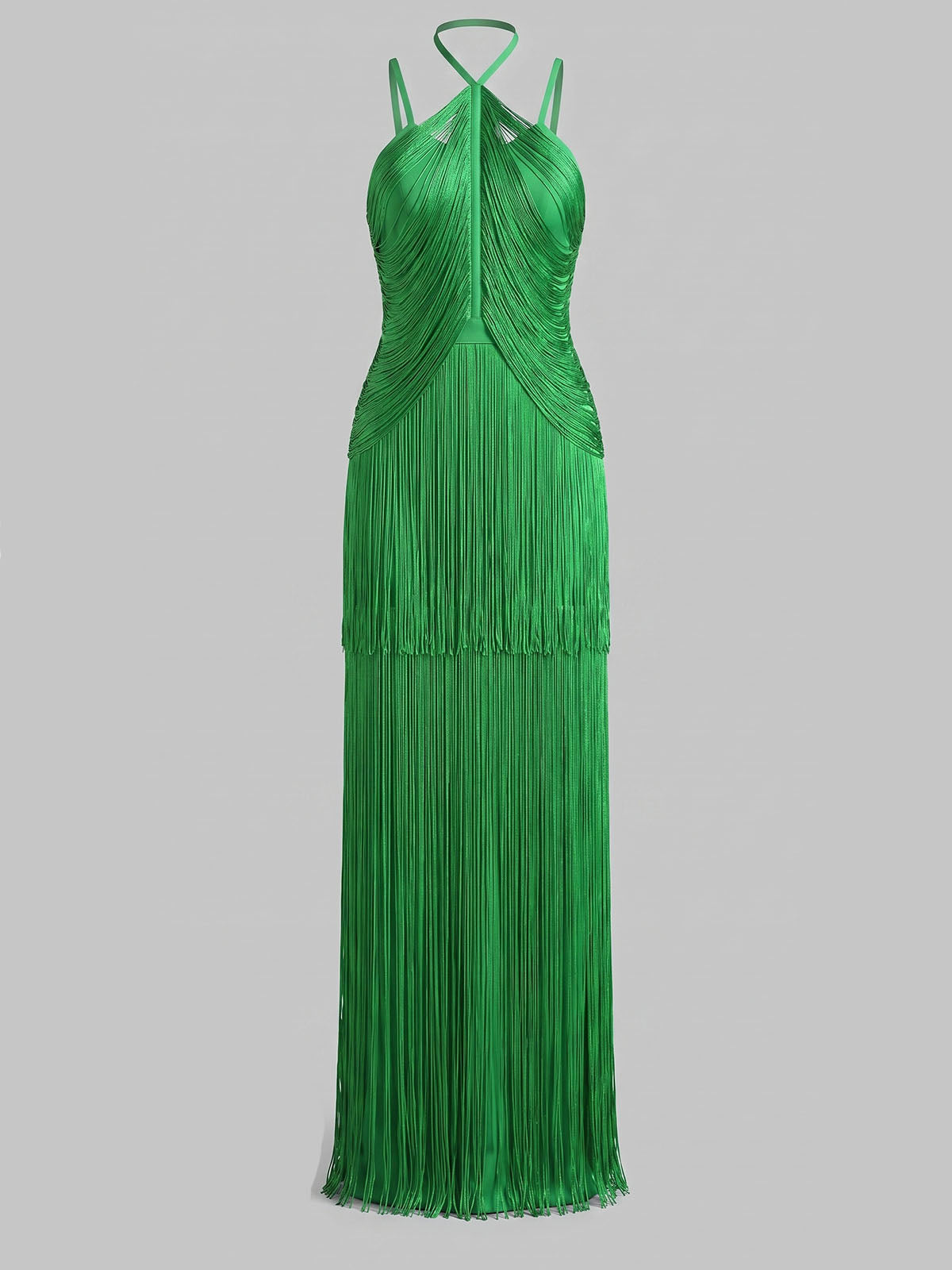 Luxury Halter Fringe Semi Formal Cocktail Maxi Dress - Emerald Green