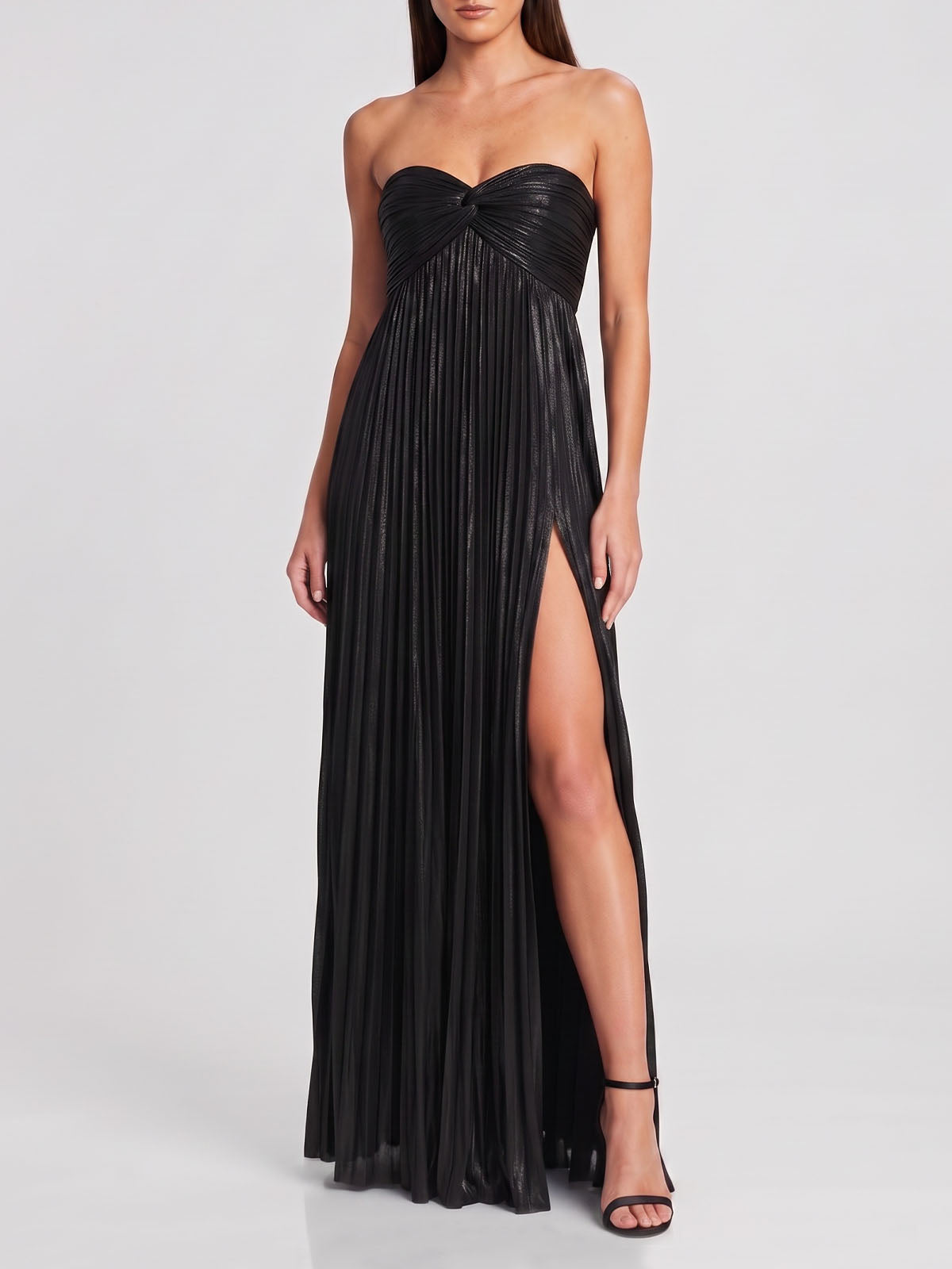 Luxury Metallic Strapless Empire Waist High Slit Maxi Dress - Black