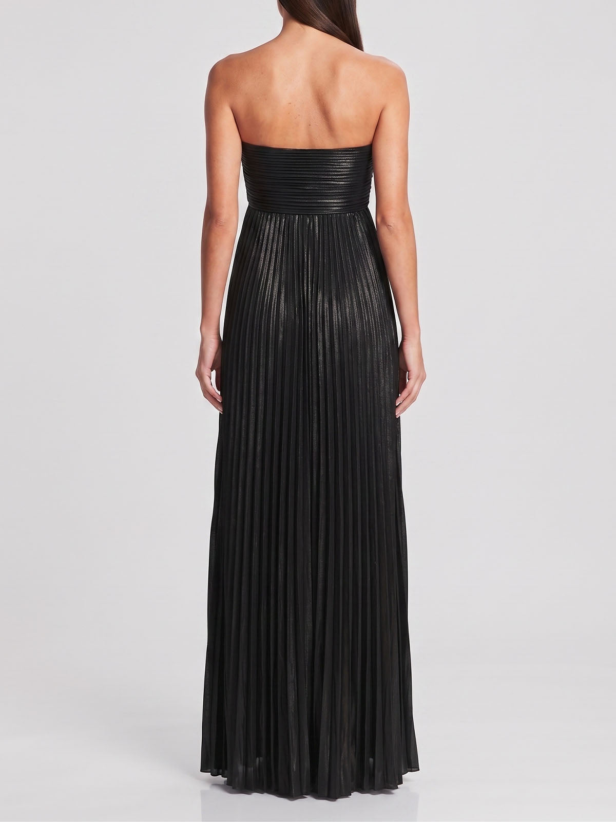 Luxury Metallic Strapless Empire Waist High Slit Maxi Dress - Black