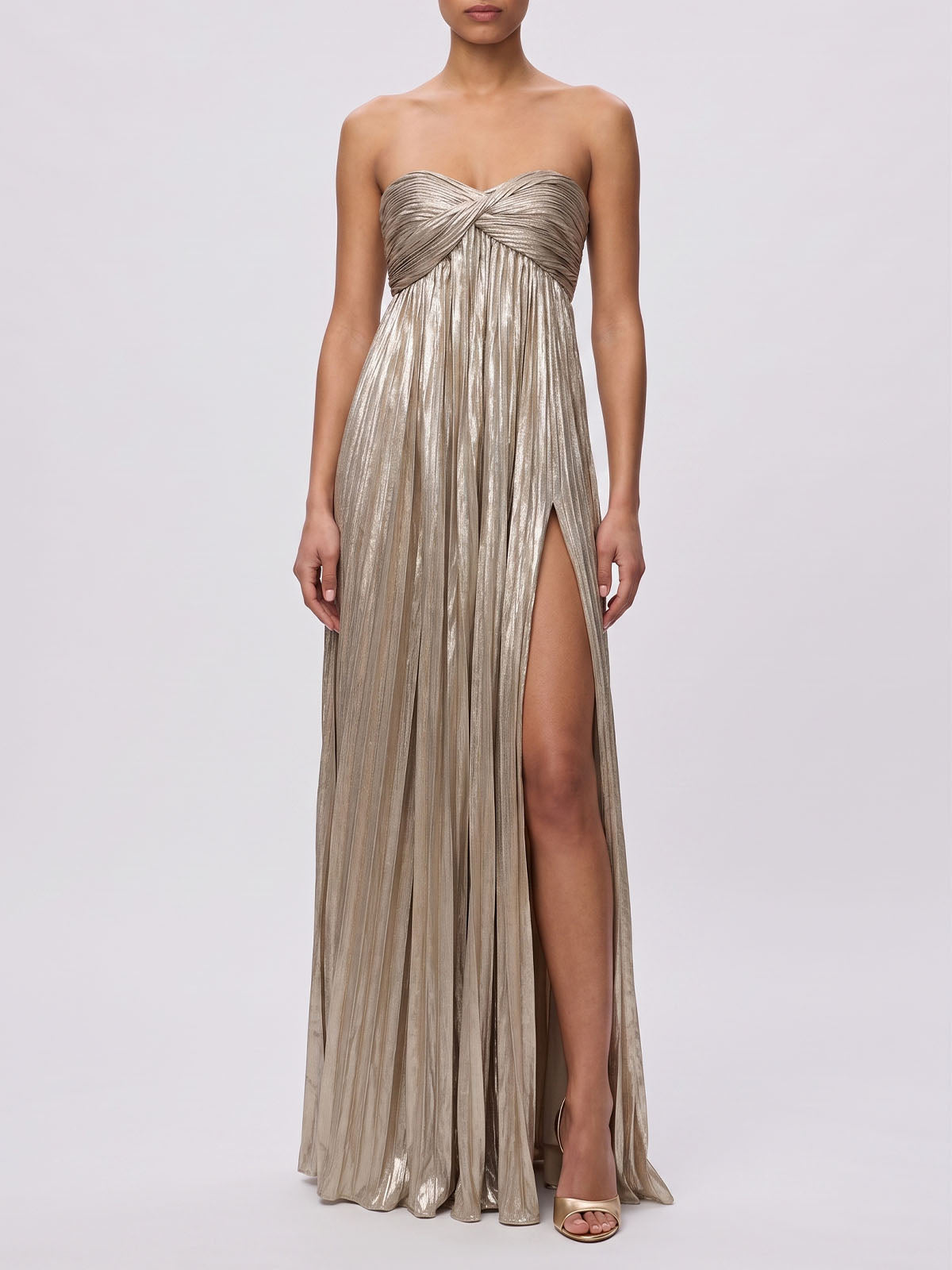Luxury Metallic Strapless Empire Waist High Slit Maxi Dress - Champagne