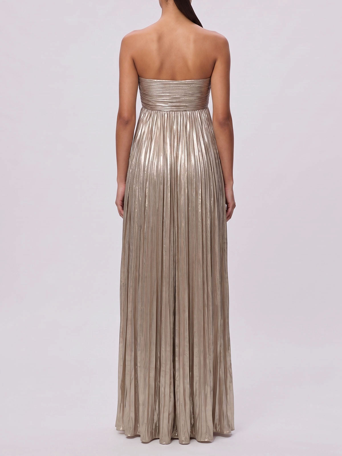 Luxury Metallic Strapless Empire Waist High Slit Maxi Dress - Champagne