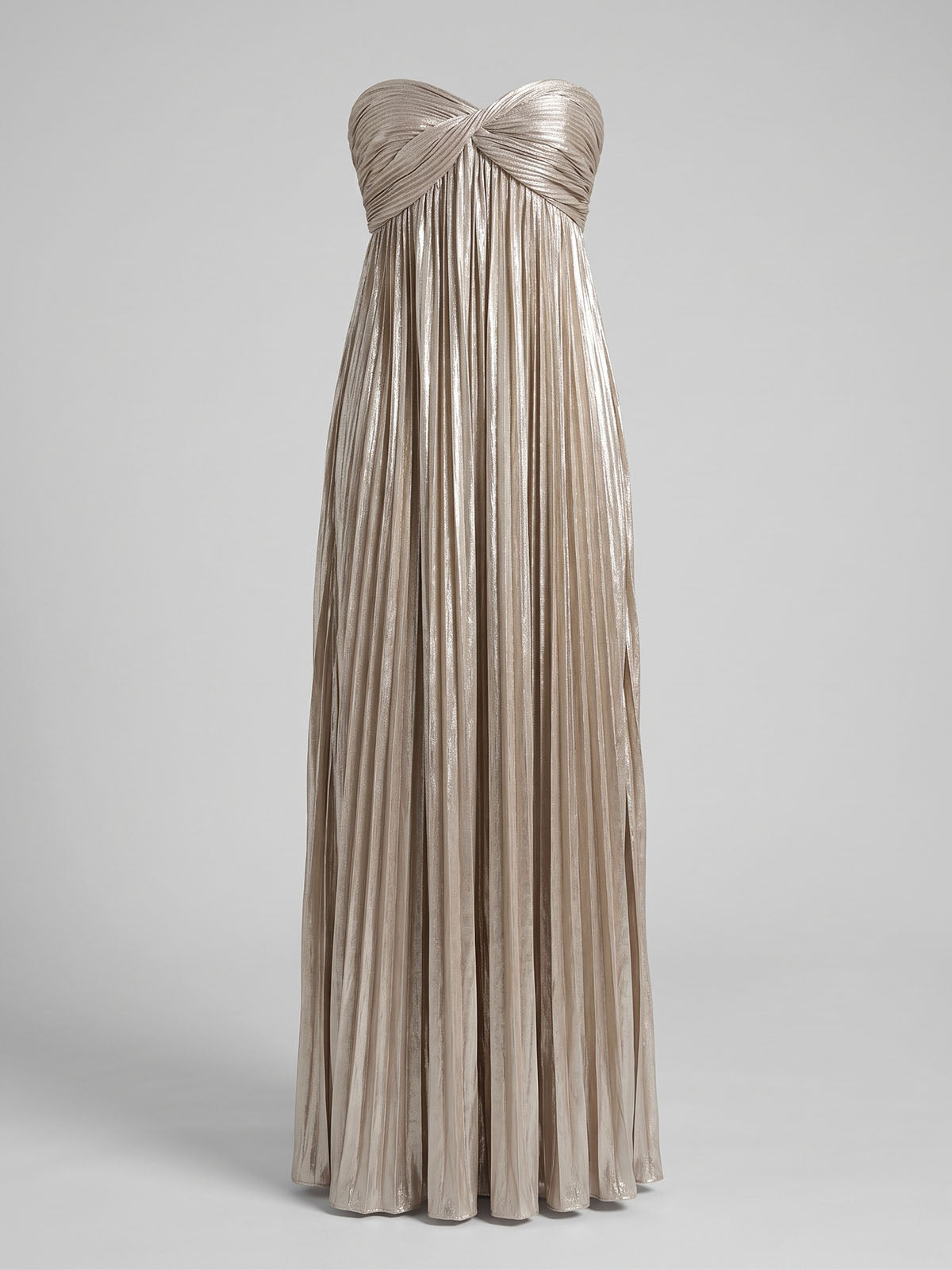 Luxury Metallic Strapless Empire Waist High Slit Maxi Dress - Champagne