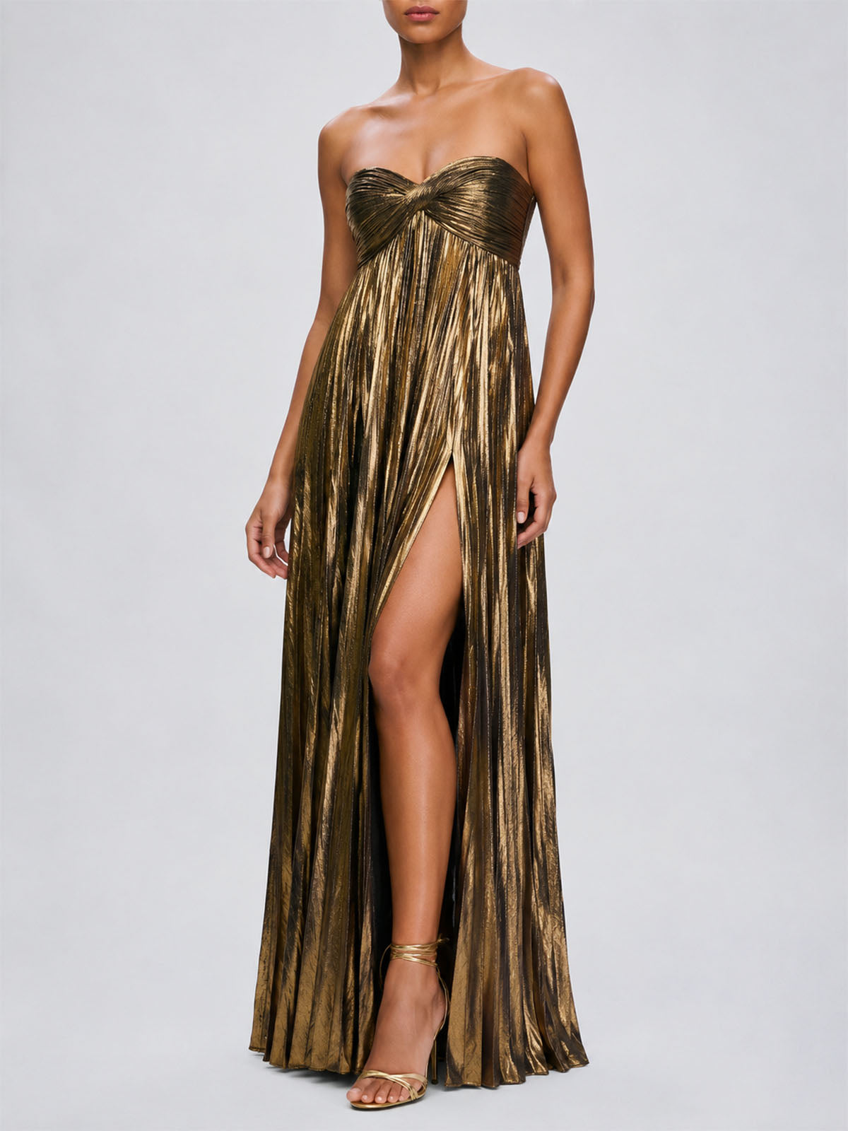 Luxury Metallic Strapless Empire Waist High Slit Maxi Dress - Gold